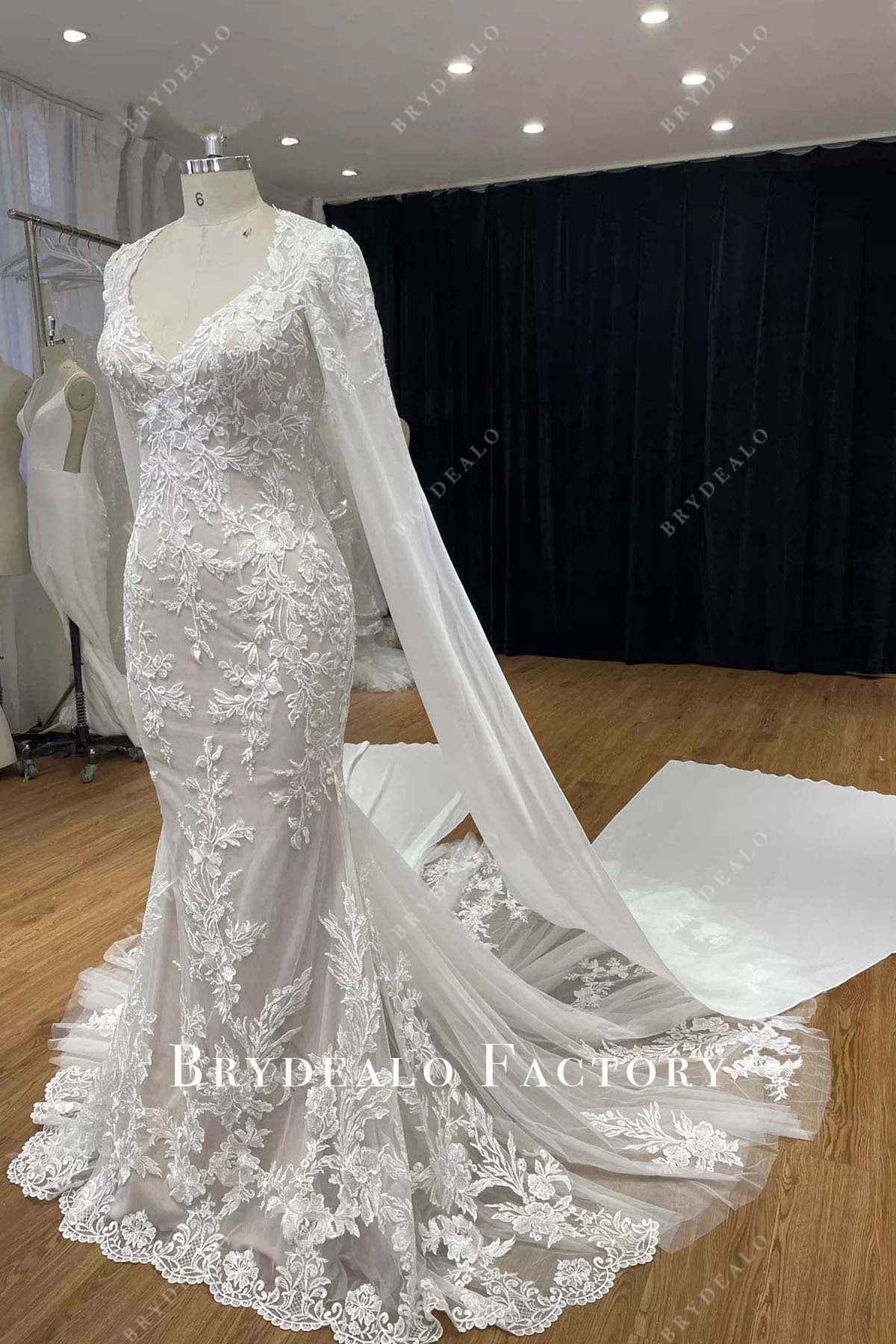 lace sleeves cape mermaid wedding dress