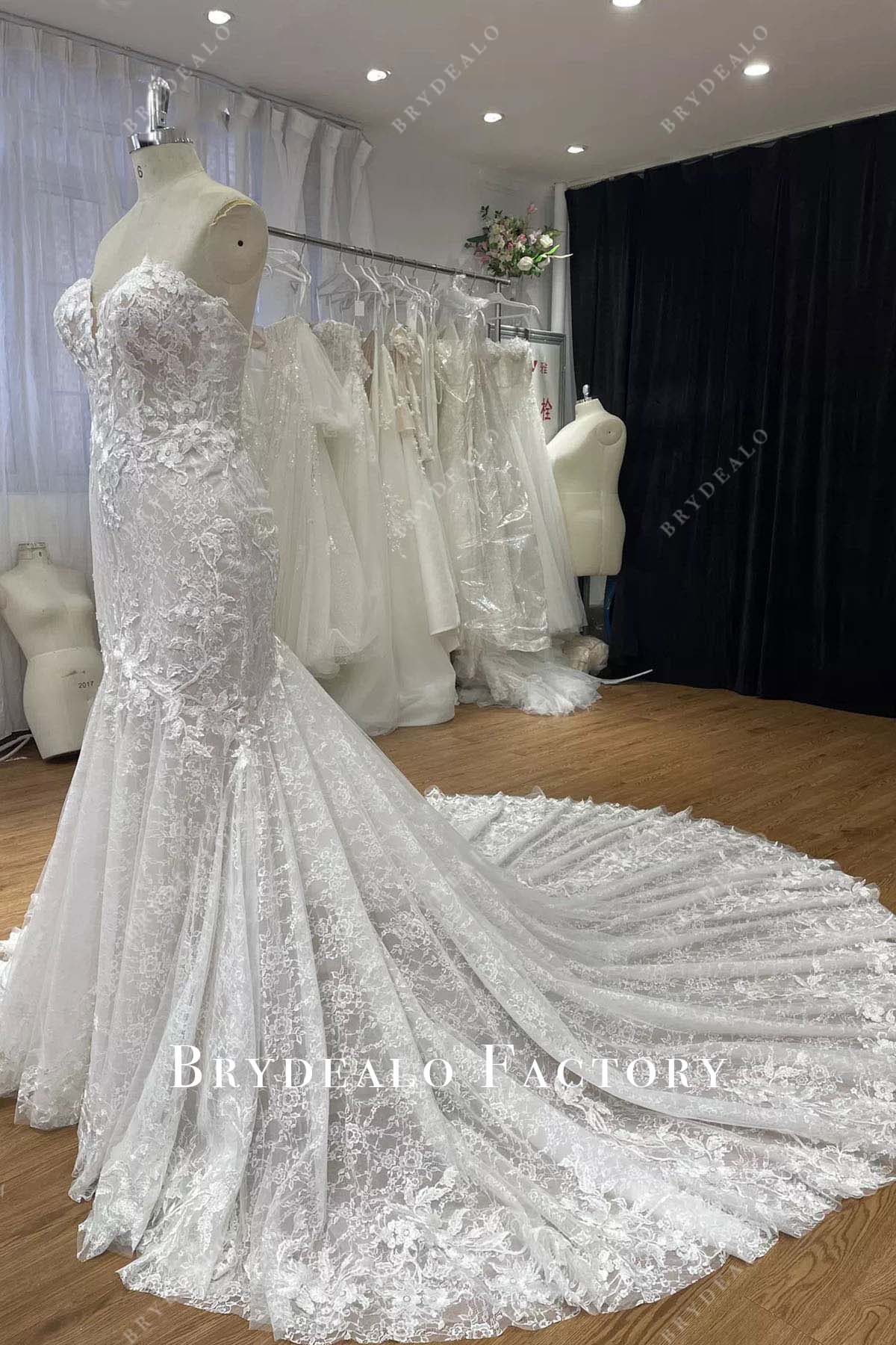 lace strapless mermaid chapel train wedding dress