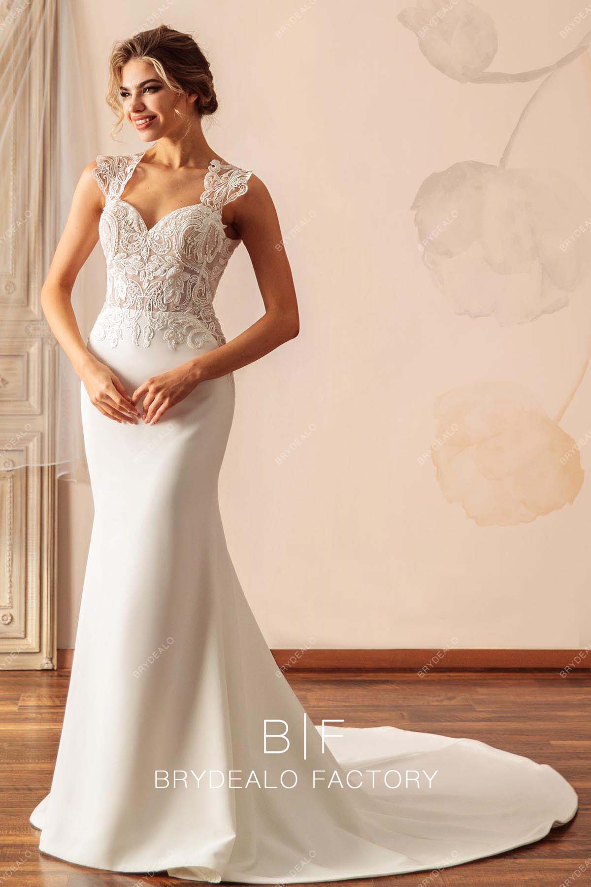 Queen Anne Neck Lace Crepe Mermaid Wedding Dress