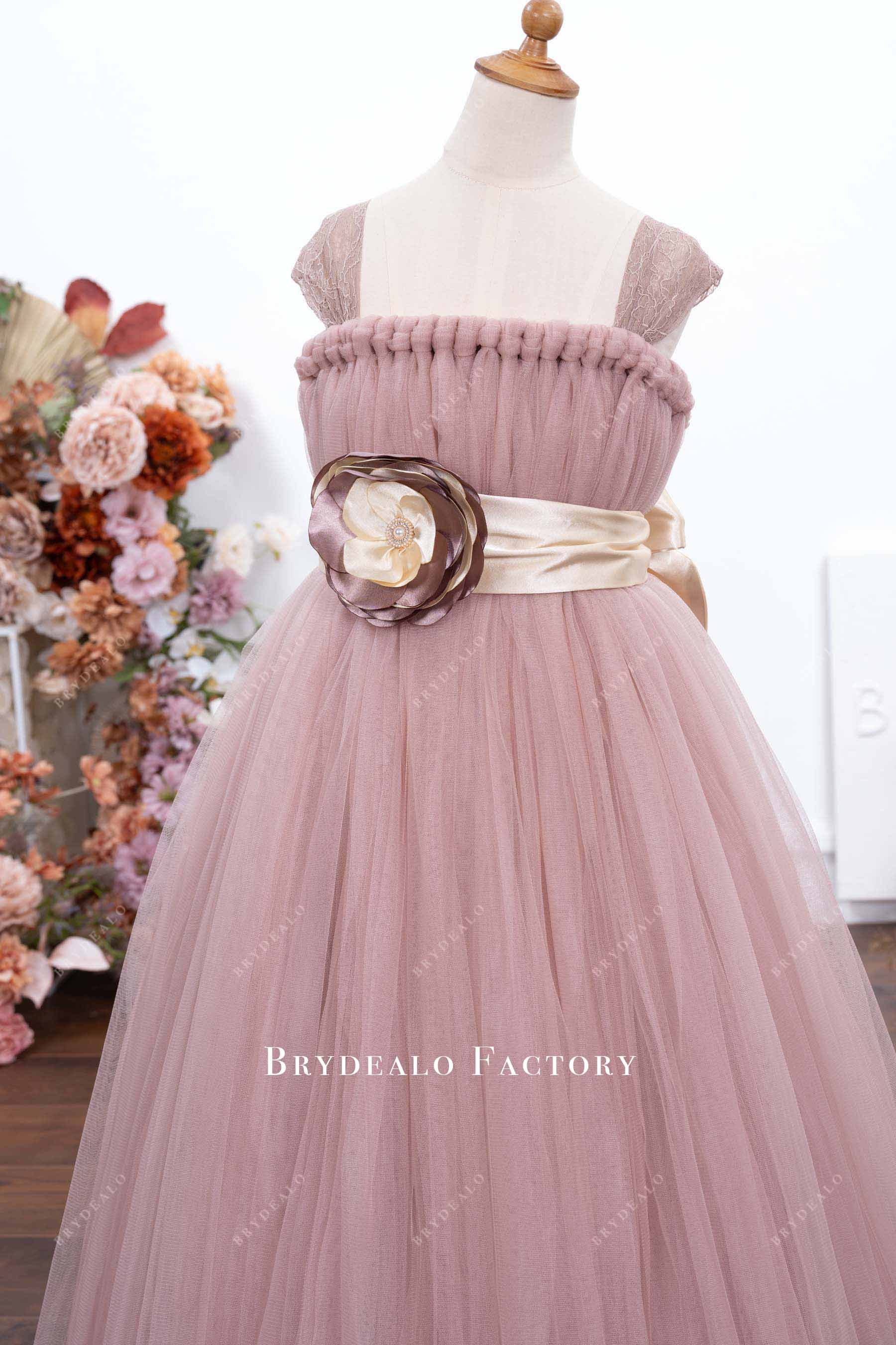 lace straps pink flower girl dress