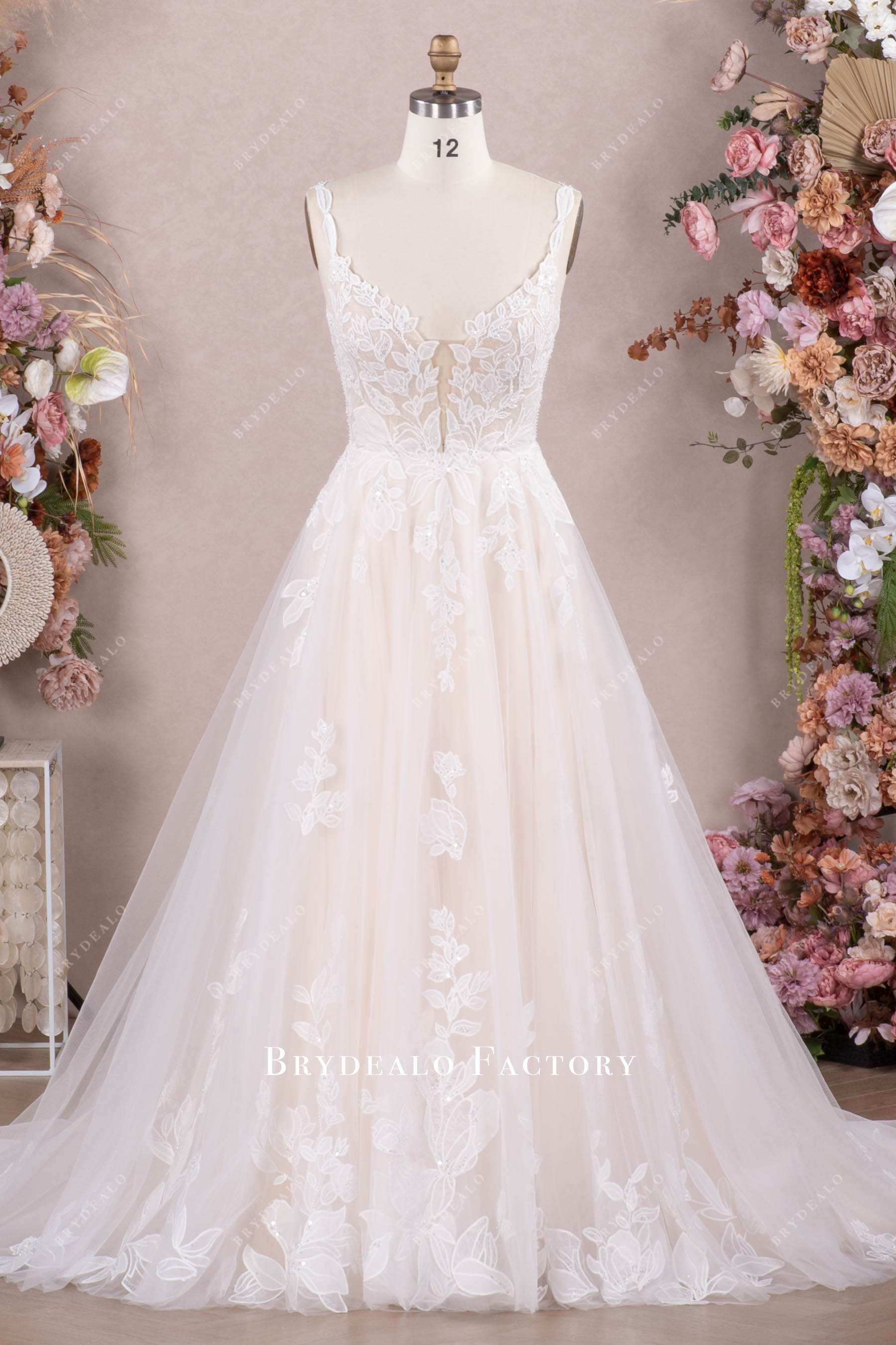 Champagne Lace Straps Shimmery Tulle Aline Wedding Gown Light Ivory Champagne Lace Straps Shimmery Tulle Aline Wedding Gown Light Ivory