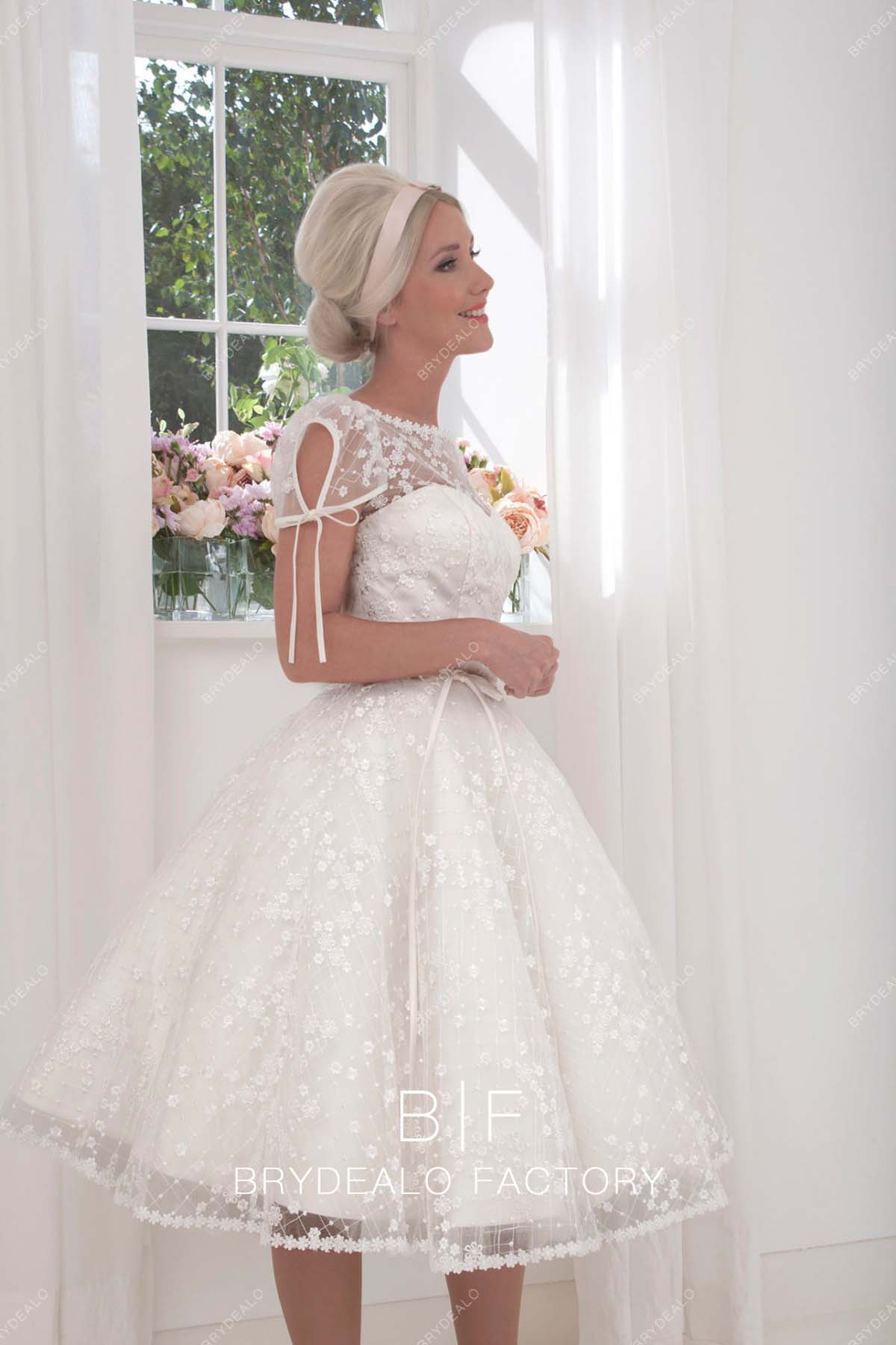 romantic flower lace tea length wedding gown
