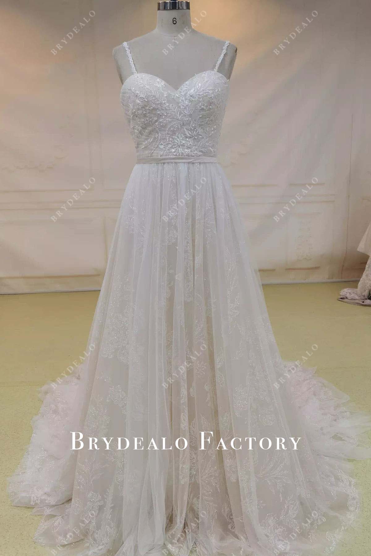 lace thin straps a line wedding dress