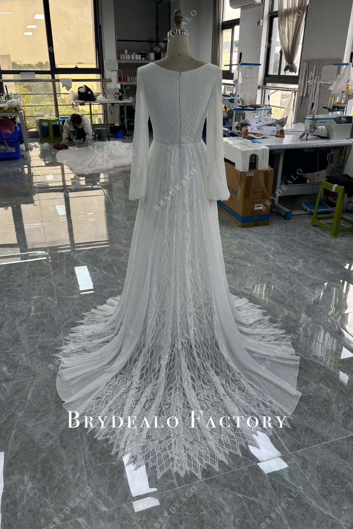 beach lace white long train wedding dress