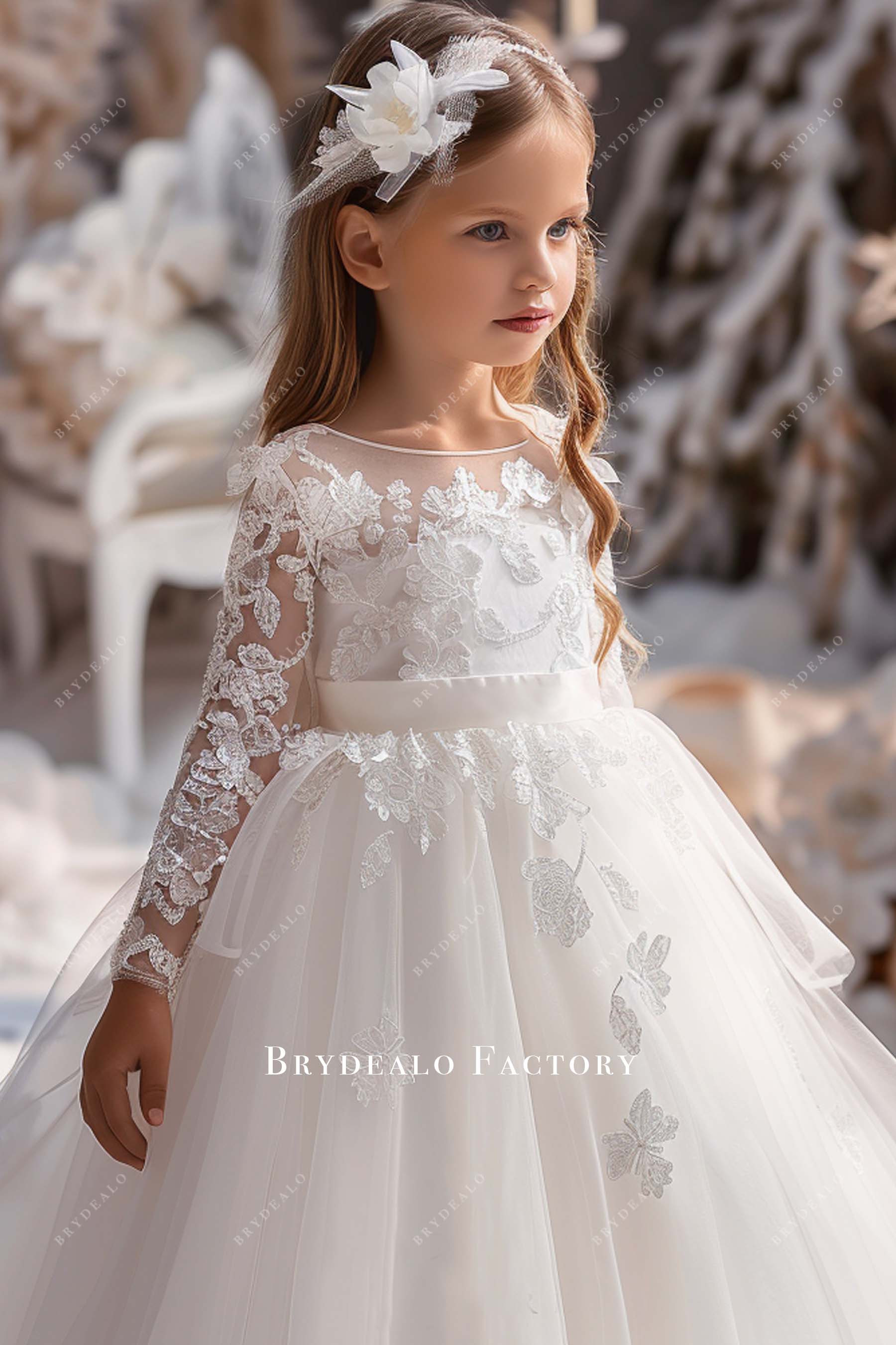 Elegant Lace Tulle Long Sleeve Floor Length Flower Girl Dress Elegant Lace Tulle Long Sleeve Floor Length Flower Girl Dress
