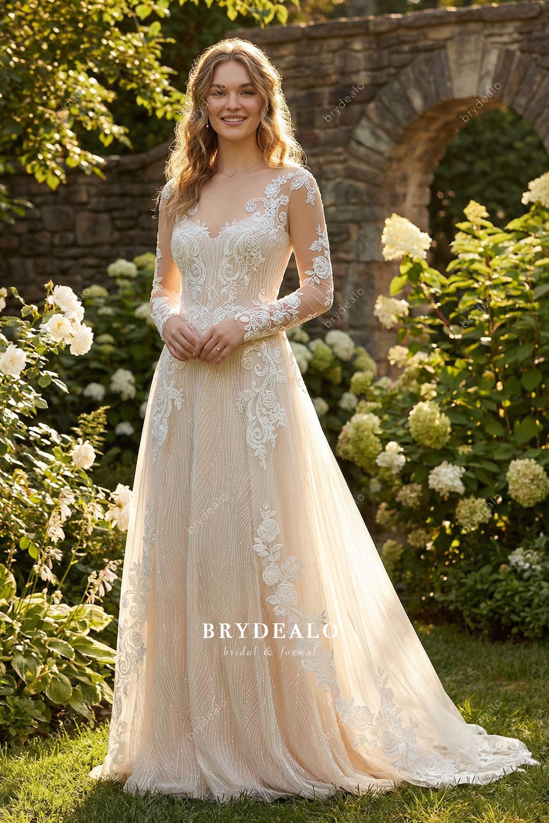 Champagne Sheer Sleeve Lace Overskirt A-line Wedding Dress Champagne Sheer Sleeve Lace Overskirt A-line Wedding Dress