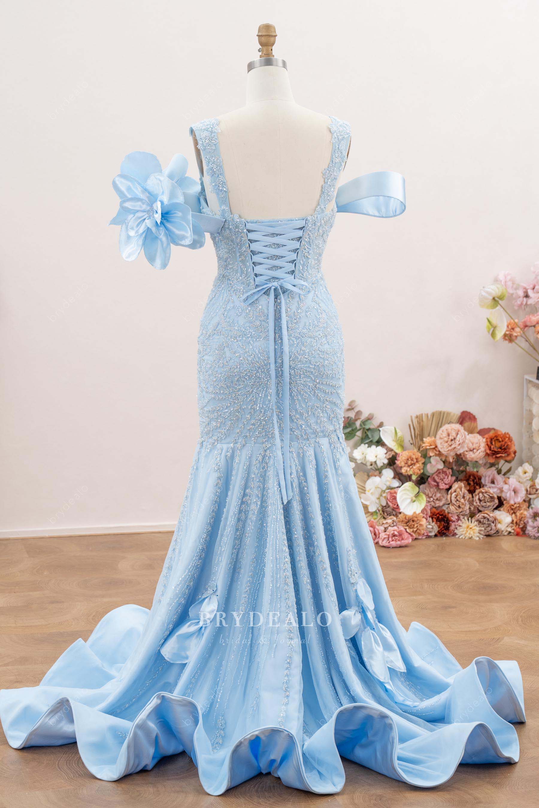 lace-up back beaded lace prom dress