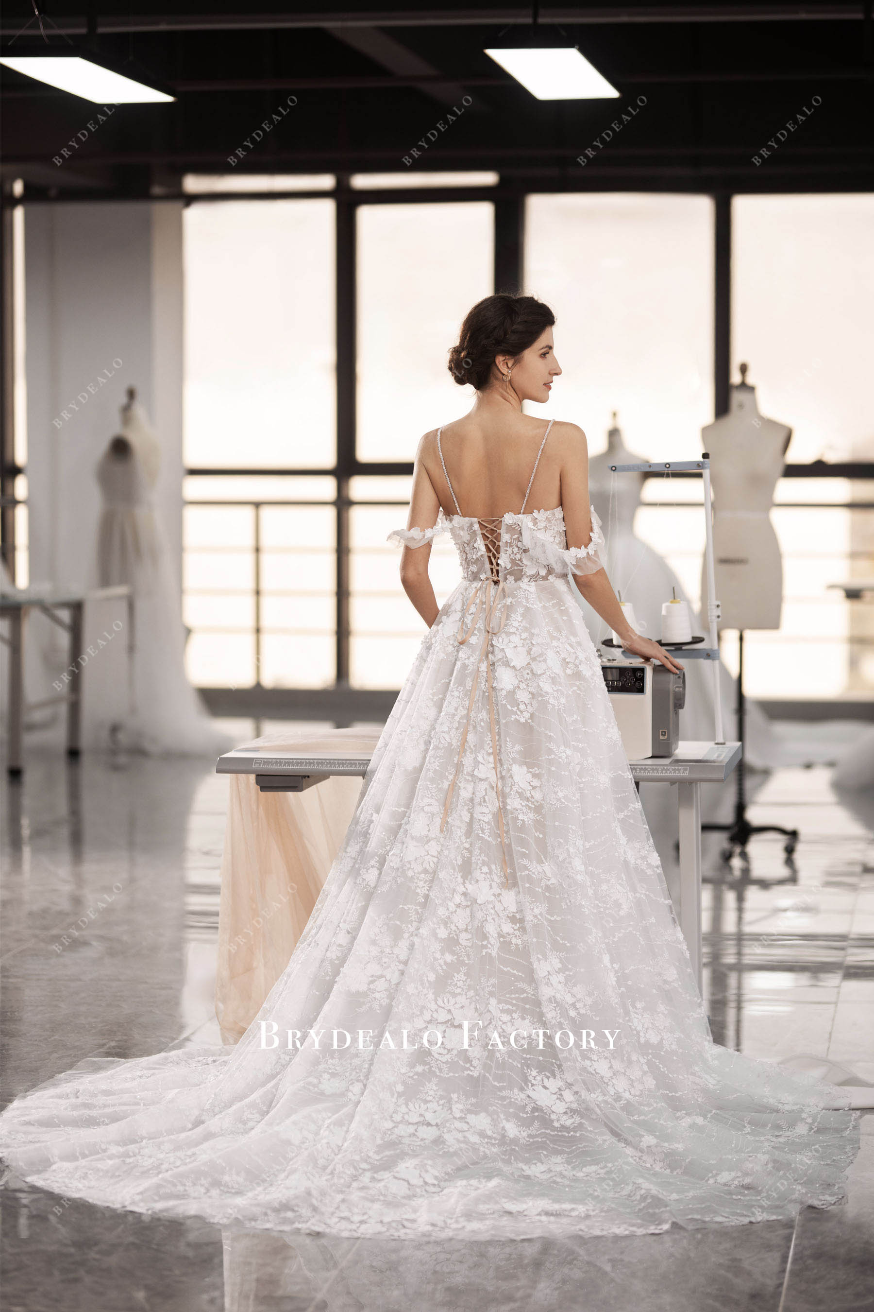 lace up back long flower wedding gown