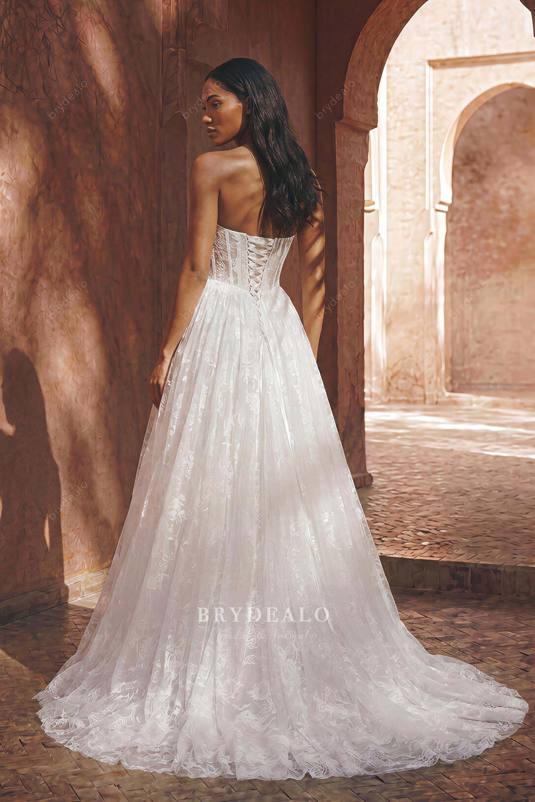 lace-up back long lace wedding dress