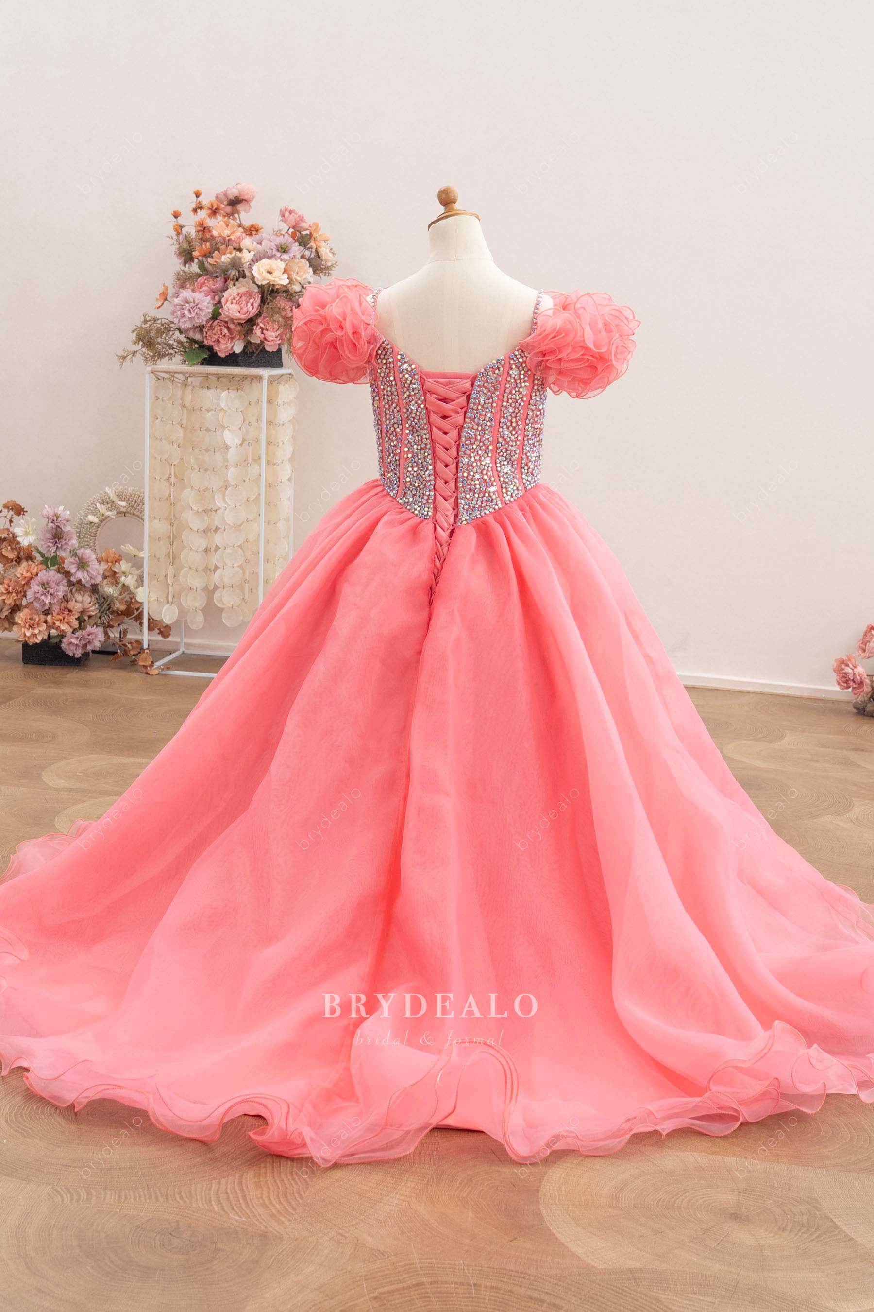 lace-up back long pink kids pageant gown