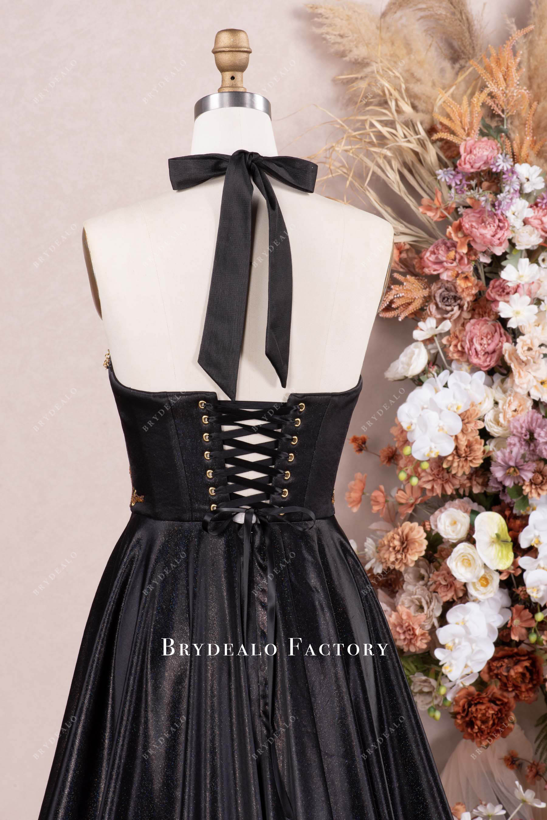 lace up back choker prom dress
