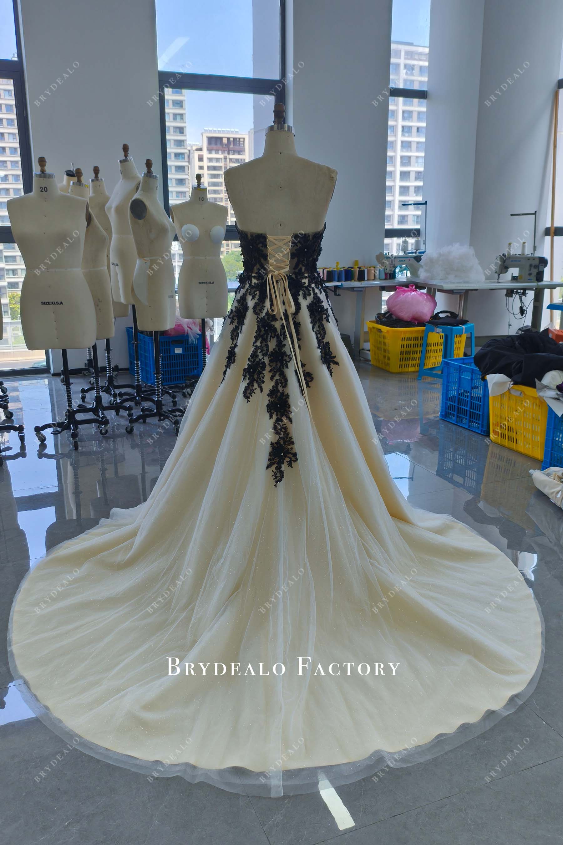 Custom Black Lace Strapless Champagne Wedding Dress