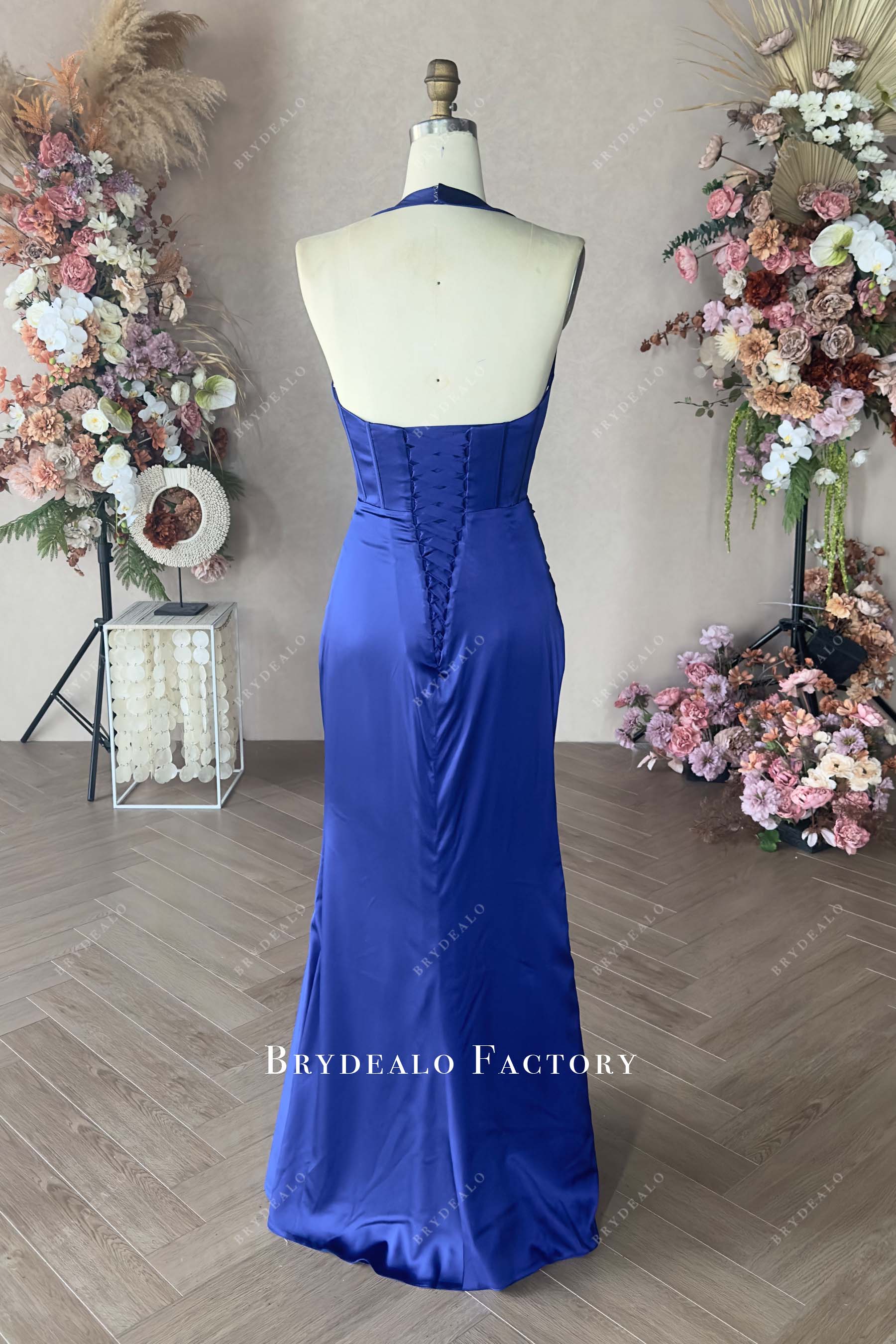 lace up corset back floor length navy blue prom dress