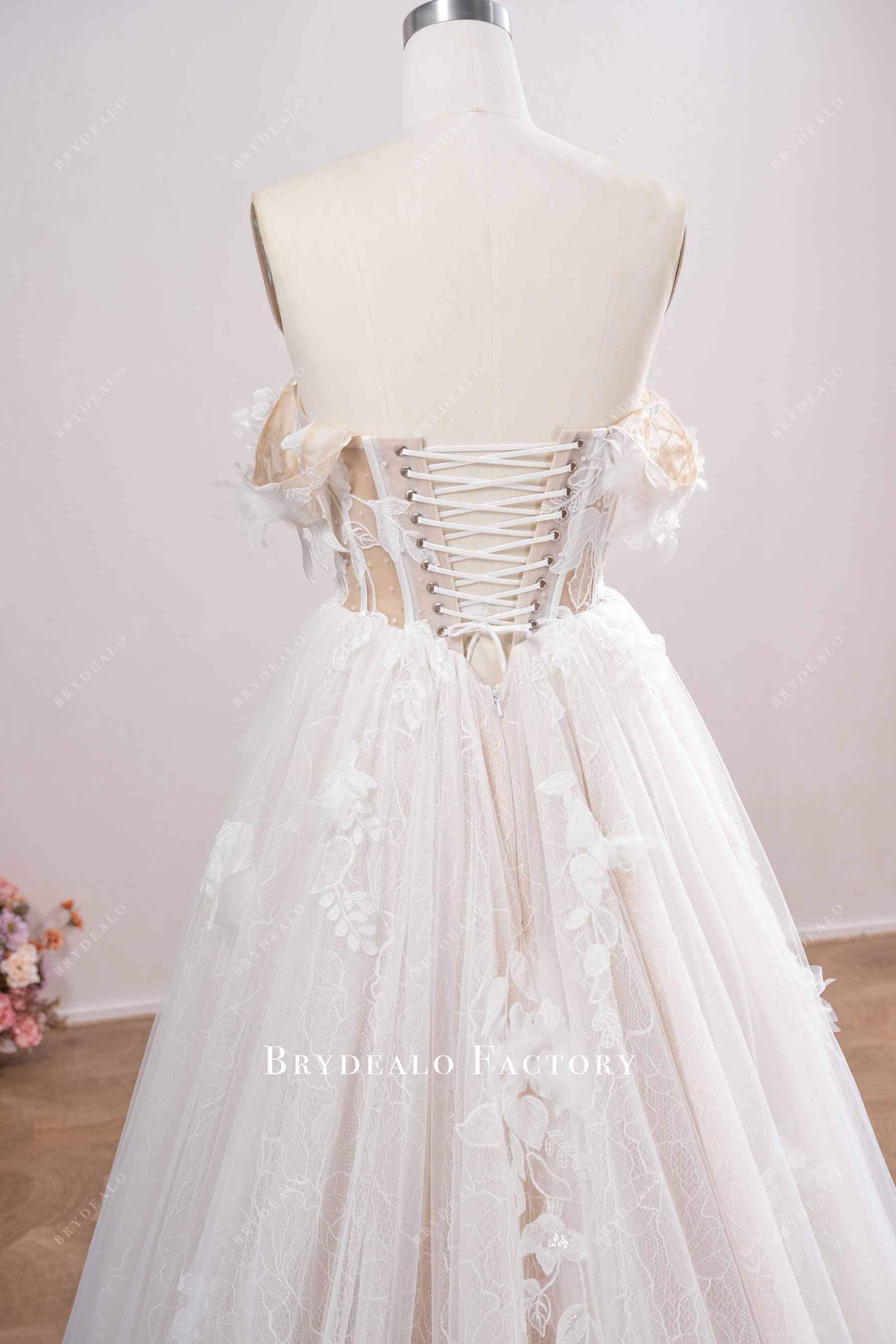 Nude Beige Corset Floral Lace Tulle Aline Wedding Dress