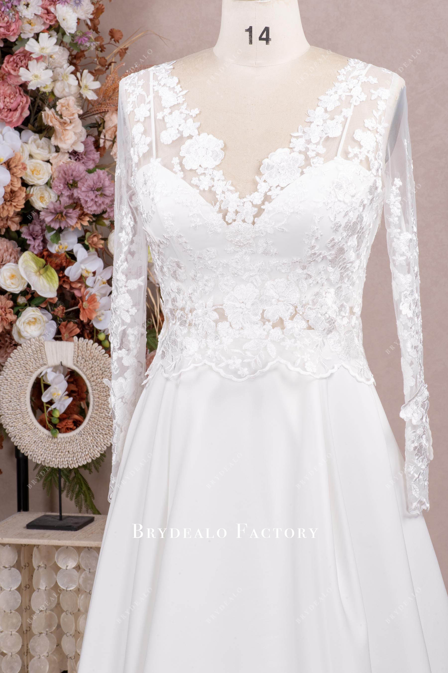 lace v-neck long sleeve wedding dress