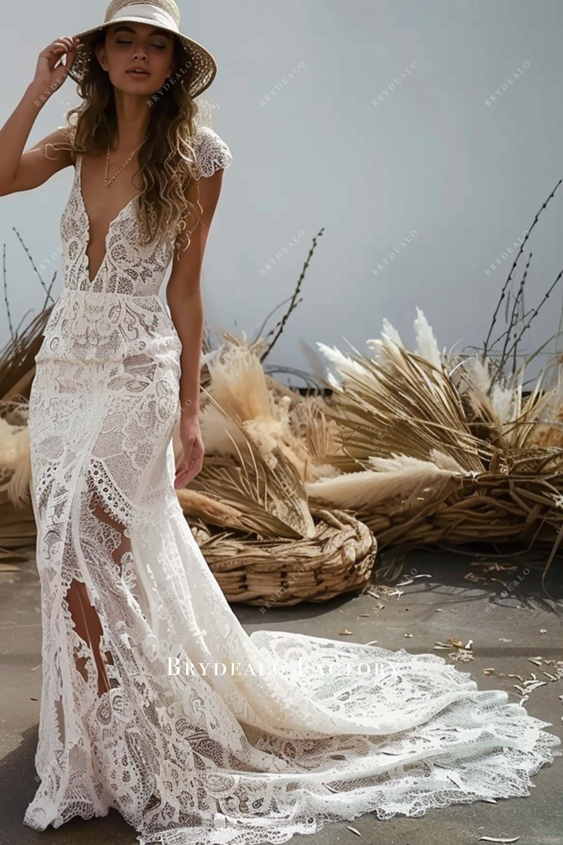 Plunging Neck Boho Lace Mermaid Wedding Dress Plunging Neck Boho Lace Mermaid Wedding Dress