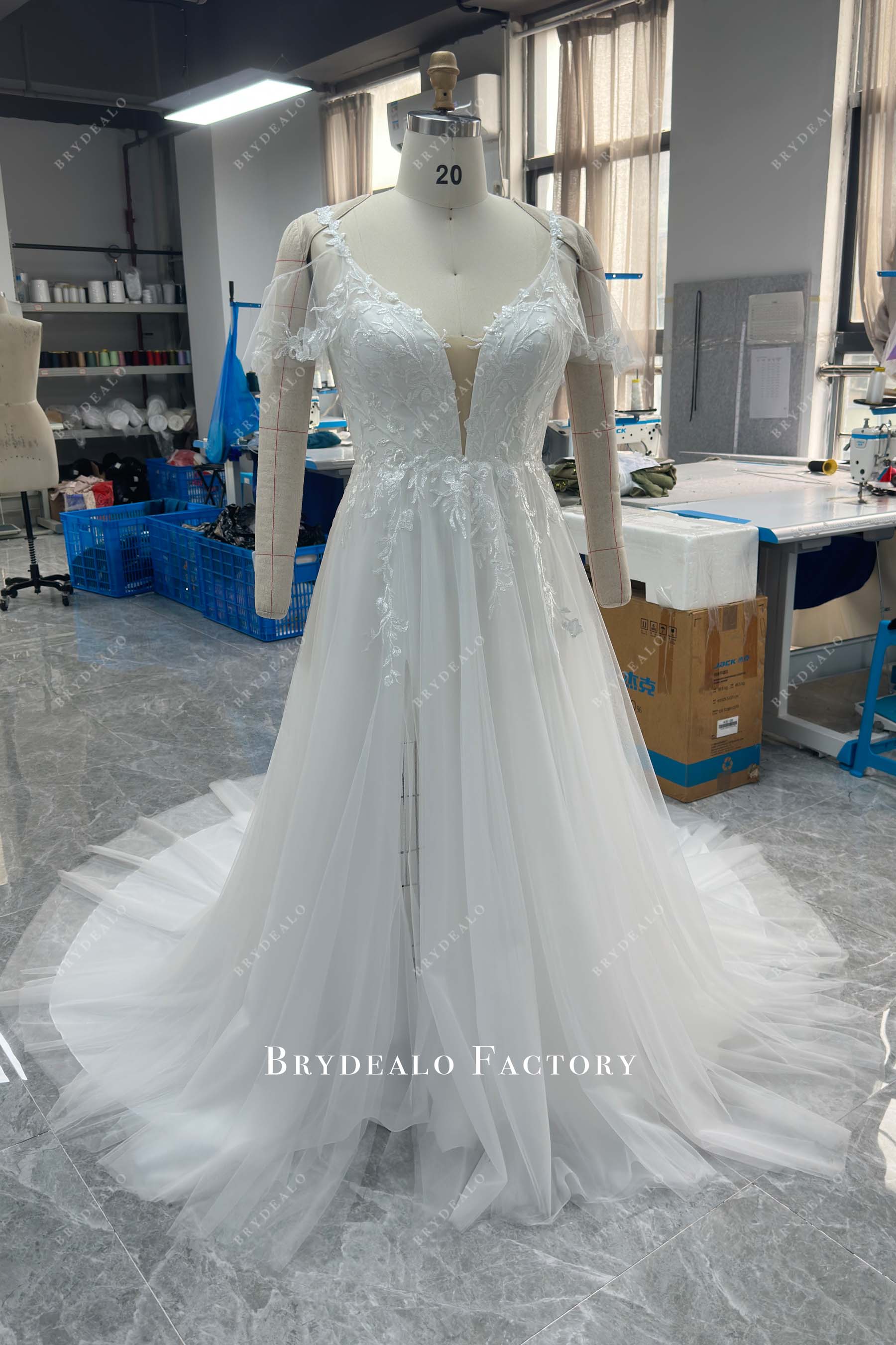 Custom Off Shoulder Flutter Sleeves Wedding Dress