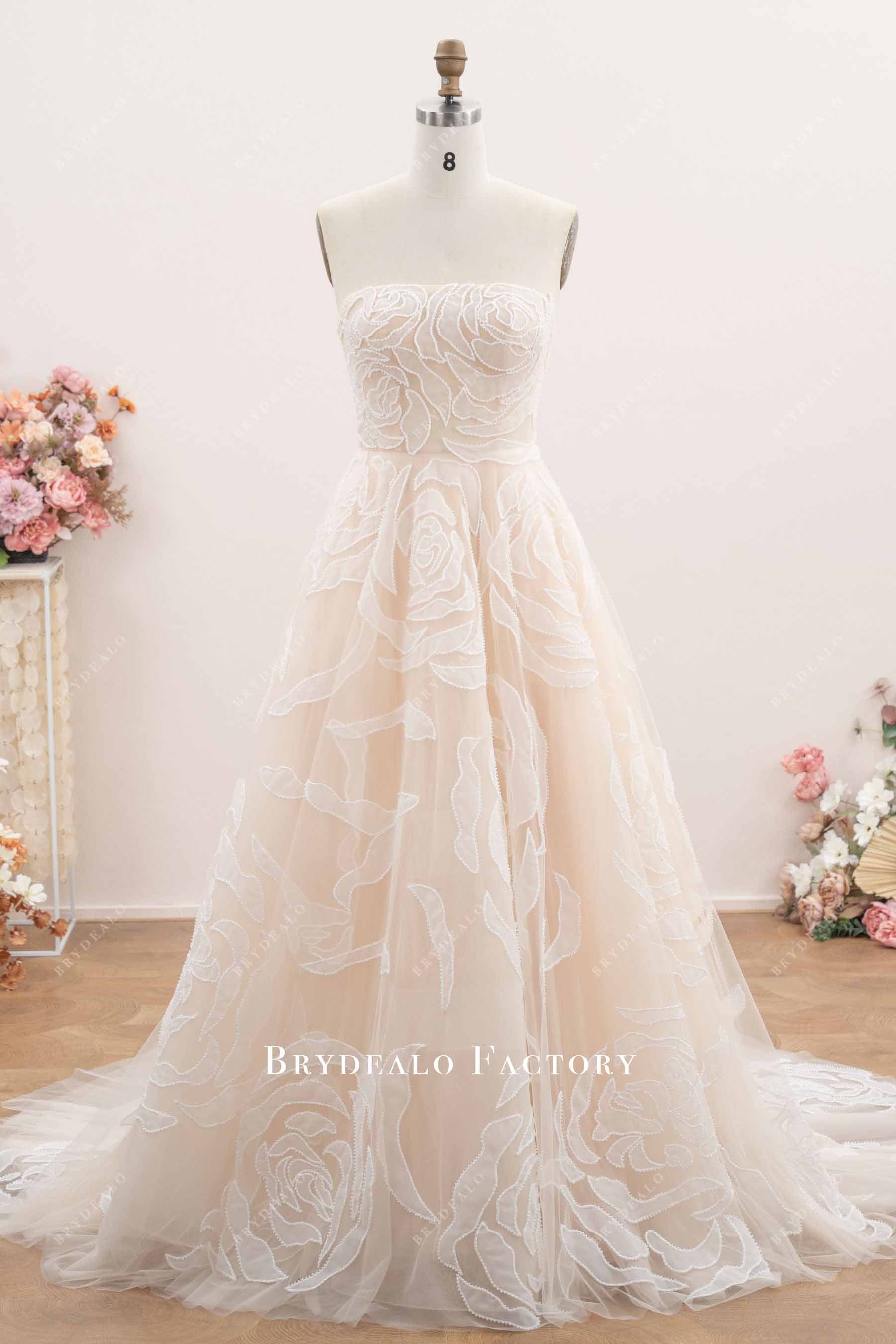 large flower lace Aline wedding dress