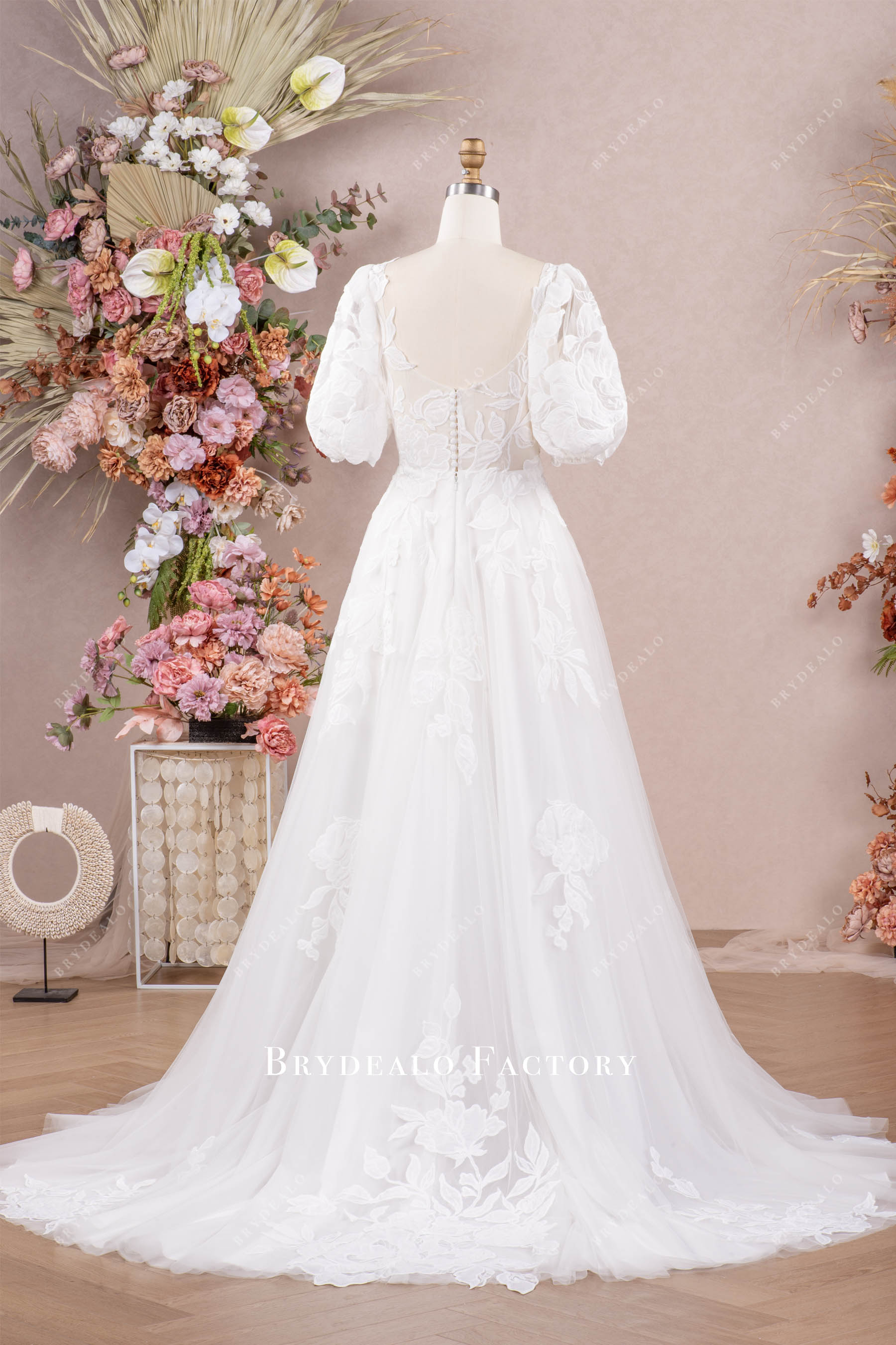 large flower lace long wedding dress sample