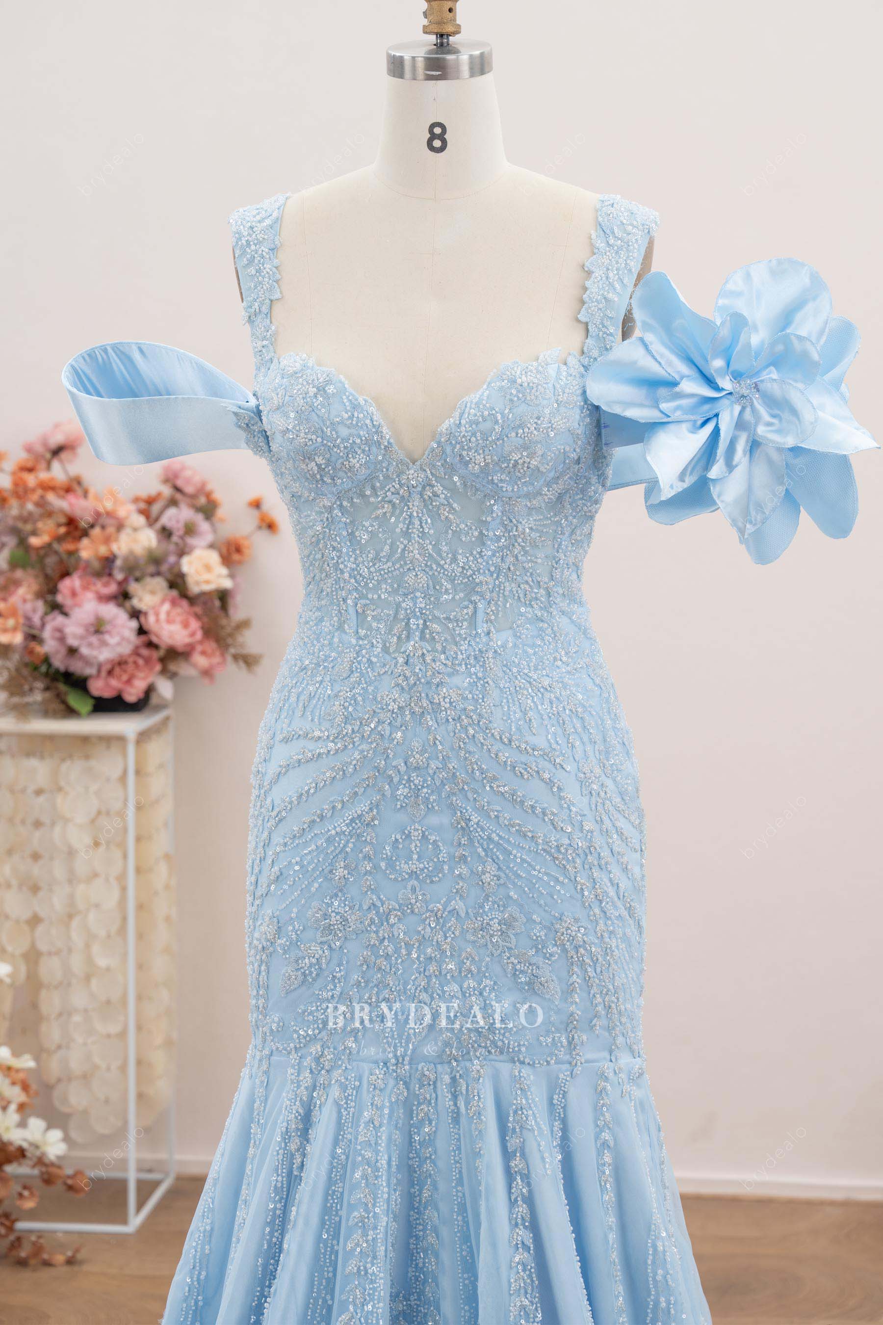 large flower shoulder prom dress