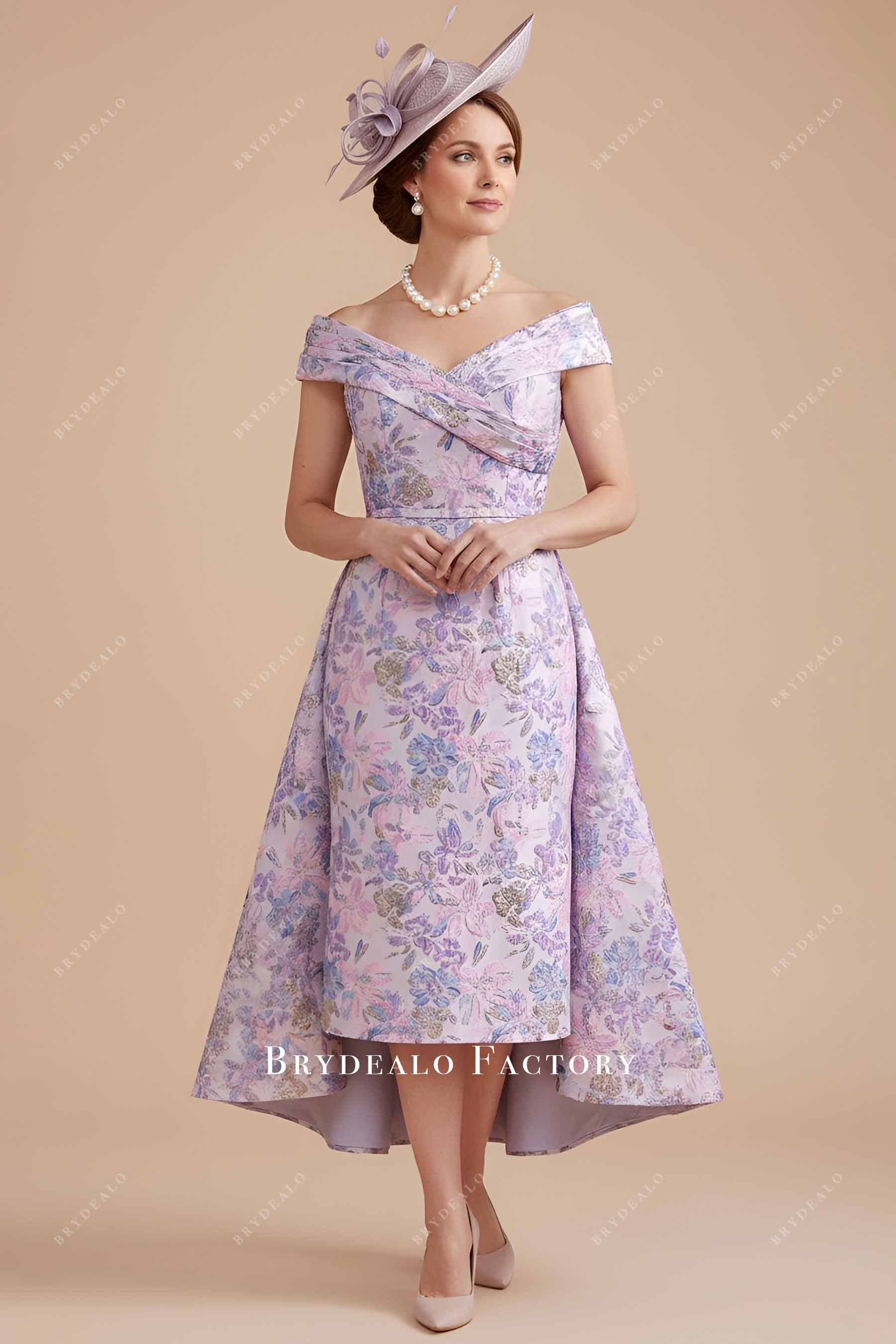 fitted lace wedding dress Lilac Jacquard Detachable Overskirt Mother of Bride Dress