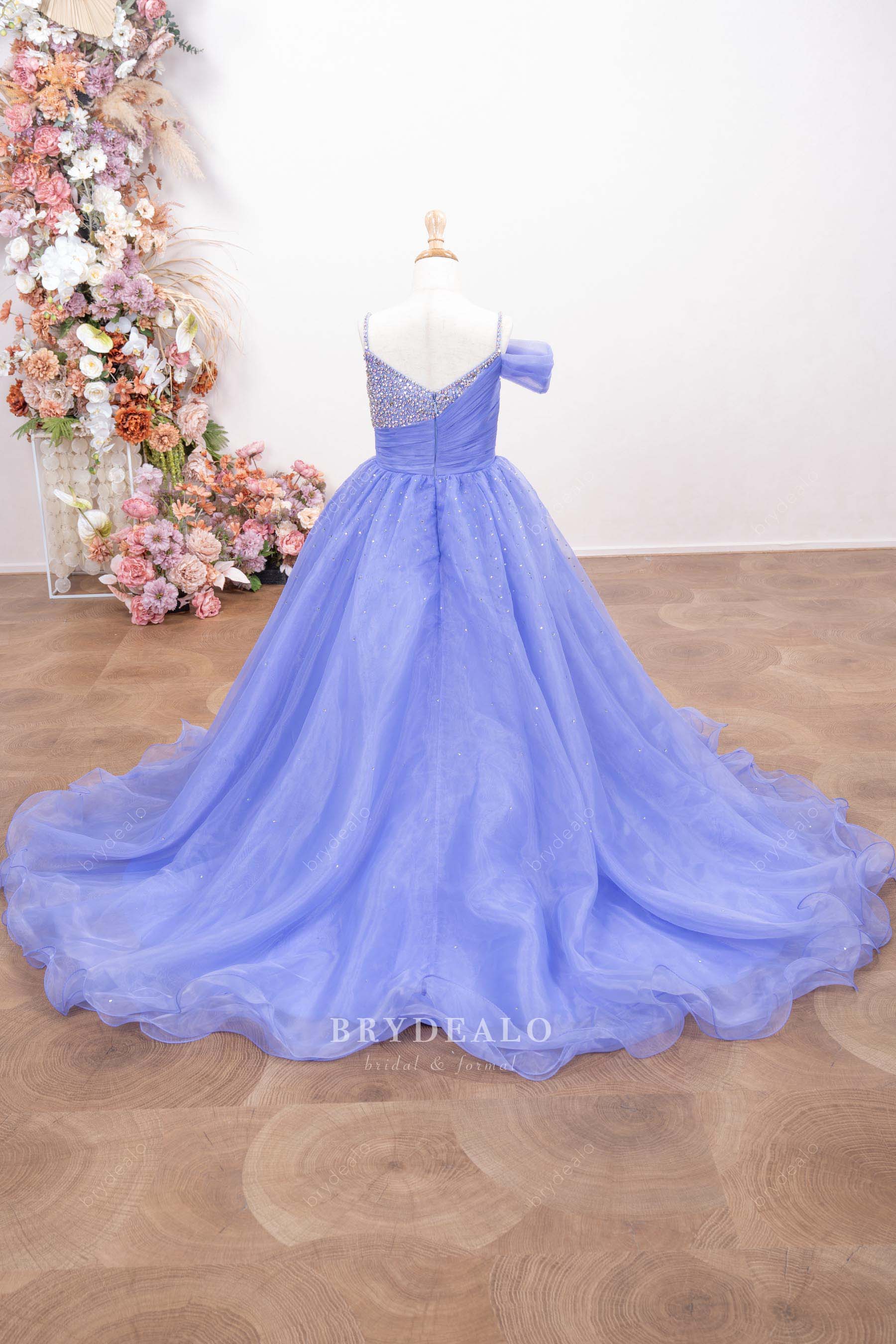 lavender long train organza kids pageant dress