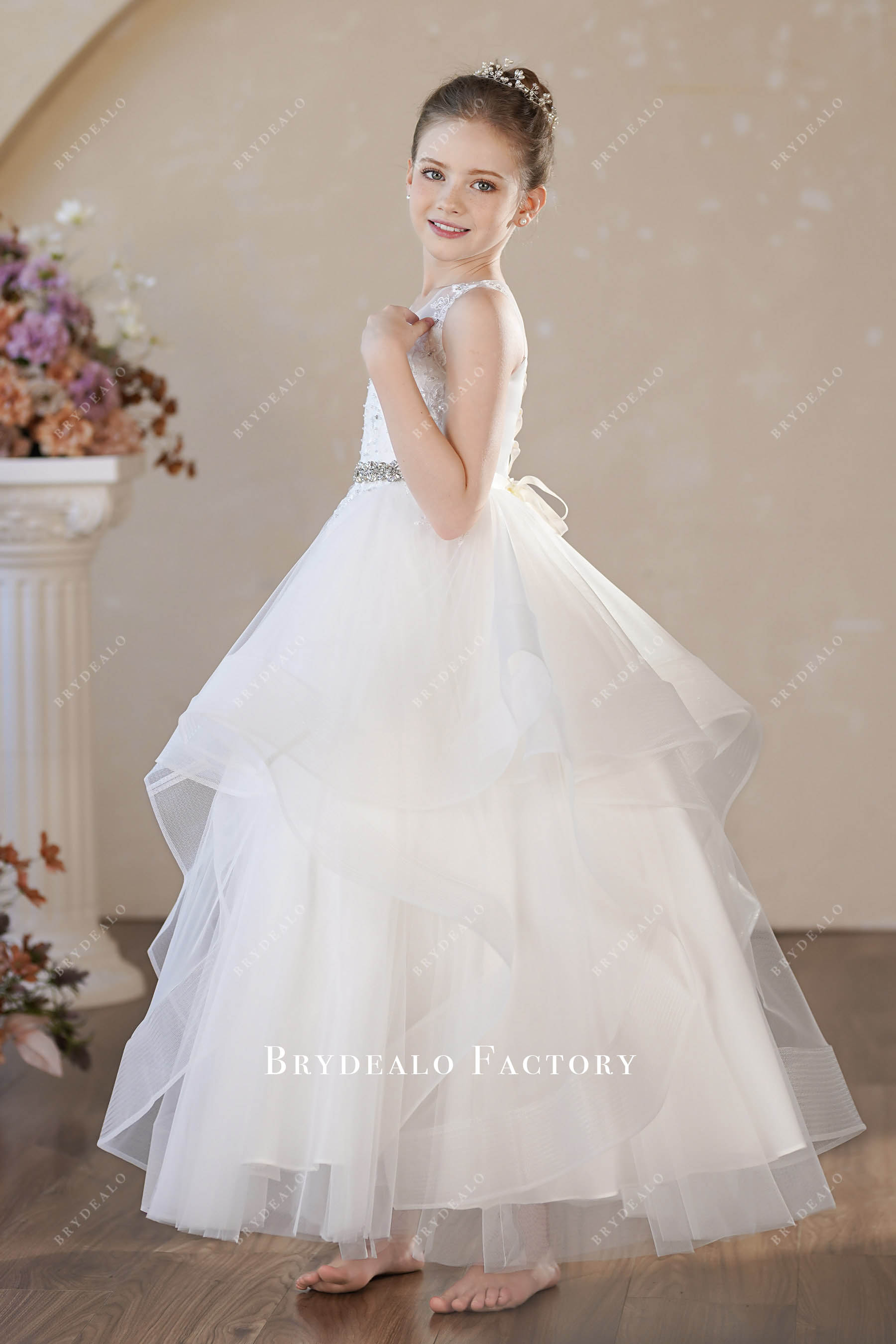 layered tulle long first communion dress