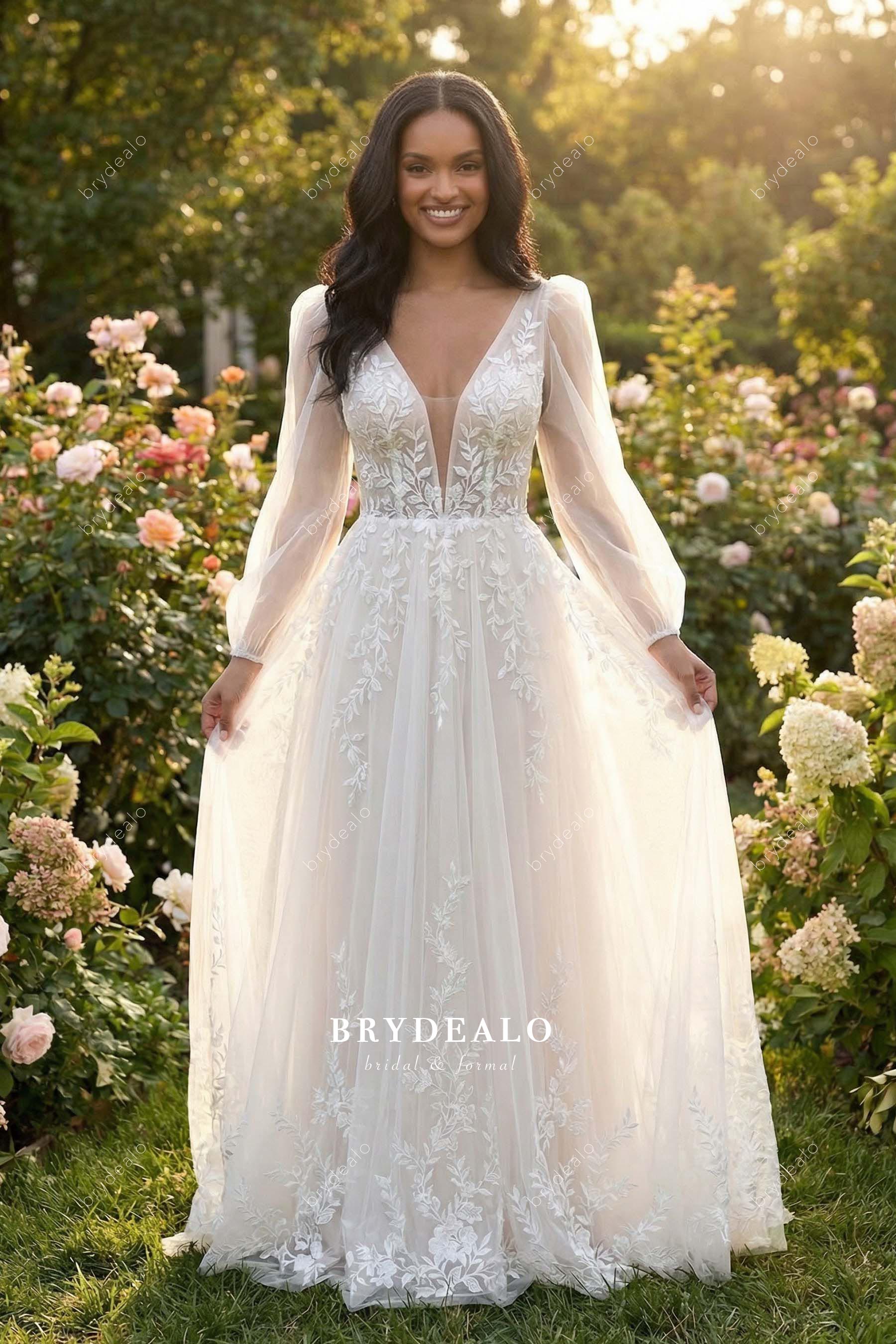 navy blue dress for baby girl Zapaka Women Ivory Wedding Dress with Lace Deep V-Neck Long Sleeves Bridal Dress, Ivory / US16 main image 0