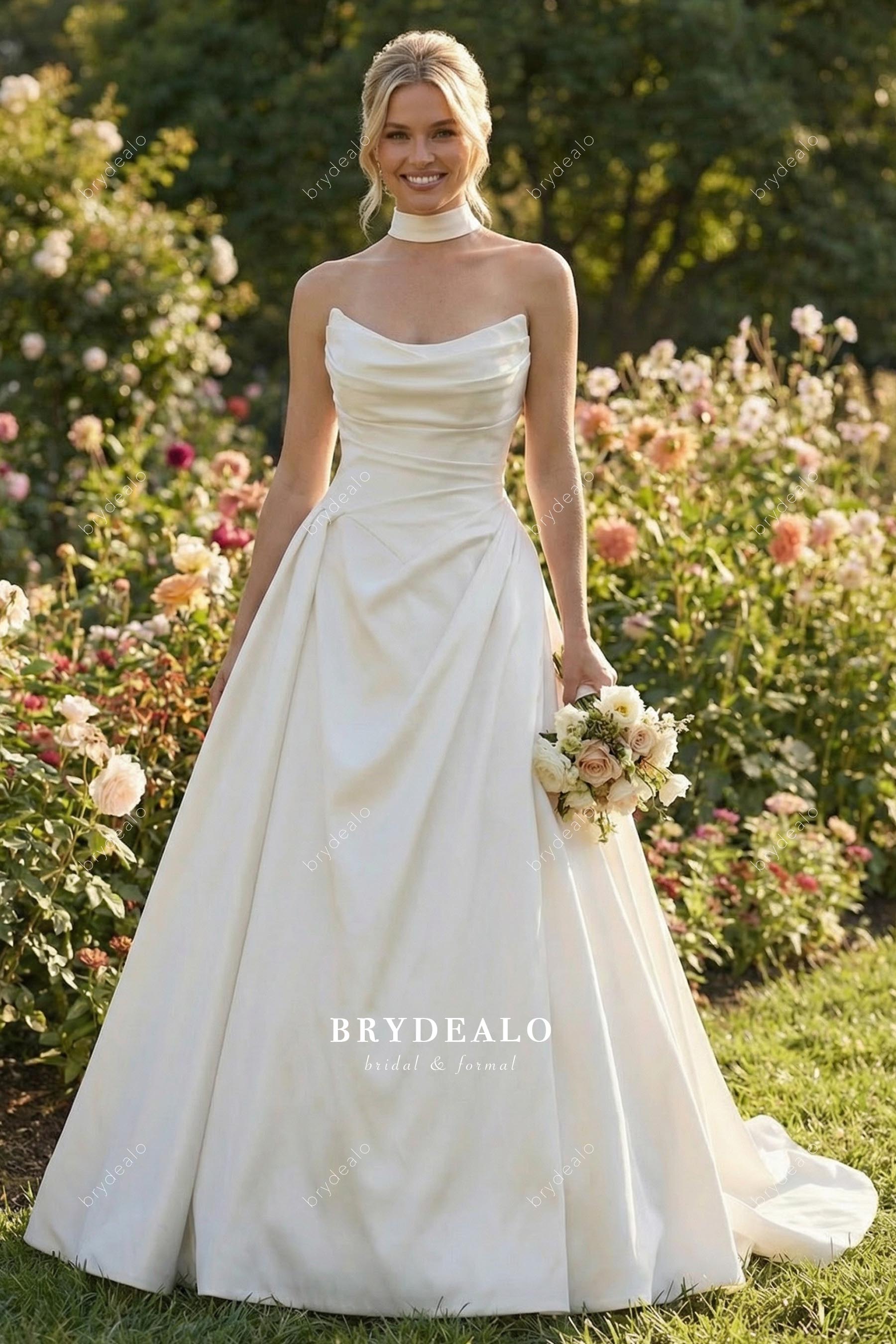 Sleek Satin Strapless V-Neck A-Line Bridal Dress Champagne