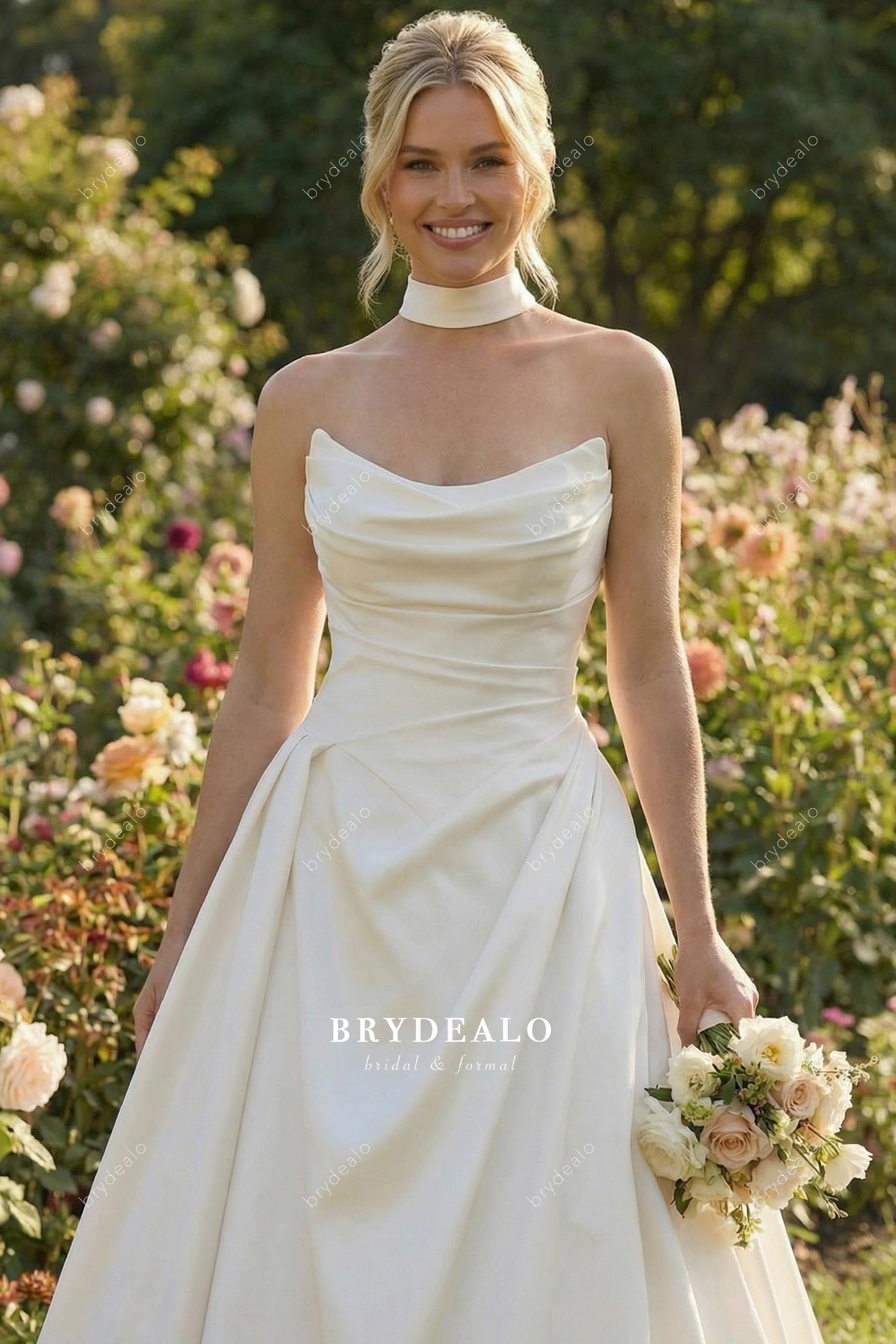 light ivory v neck ruched wedding dress