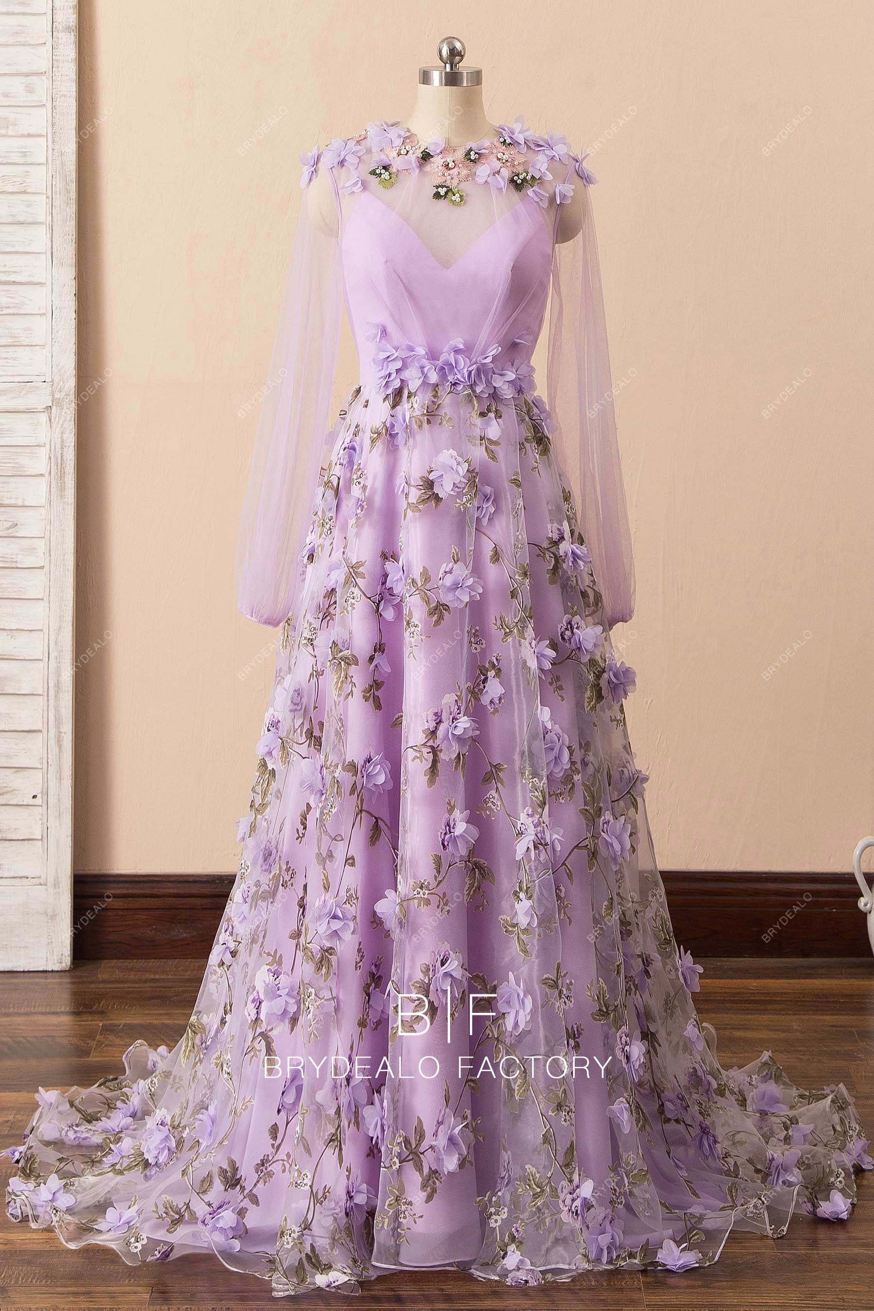 lilac 3D flower A-line prom dress