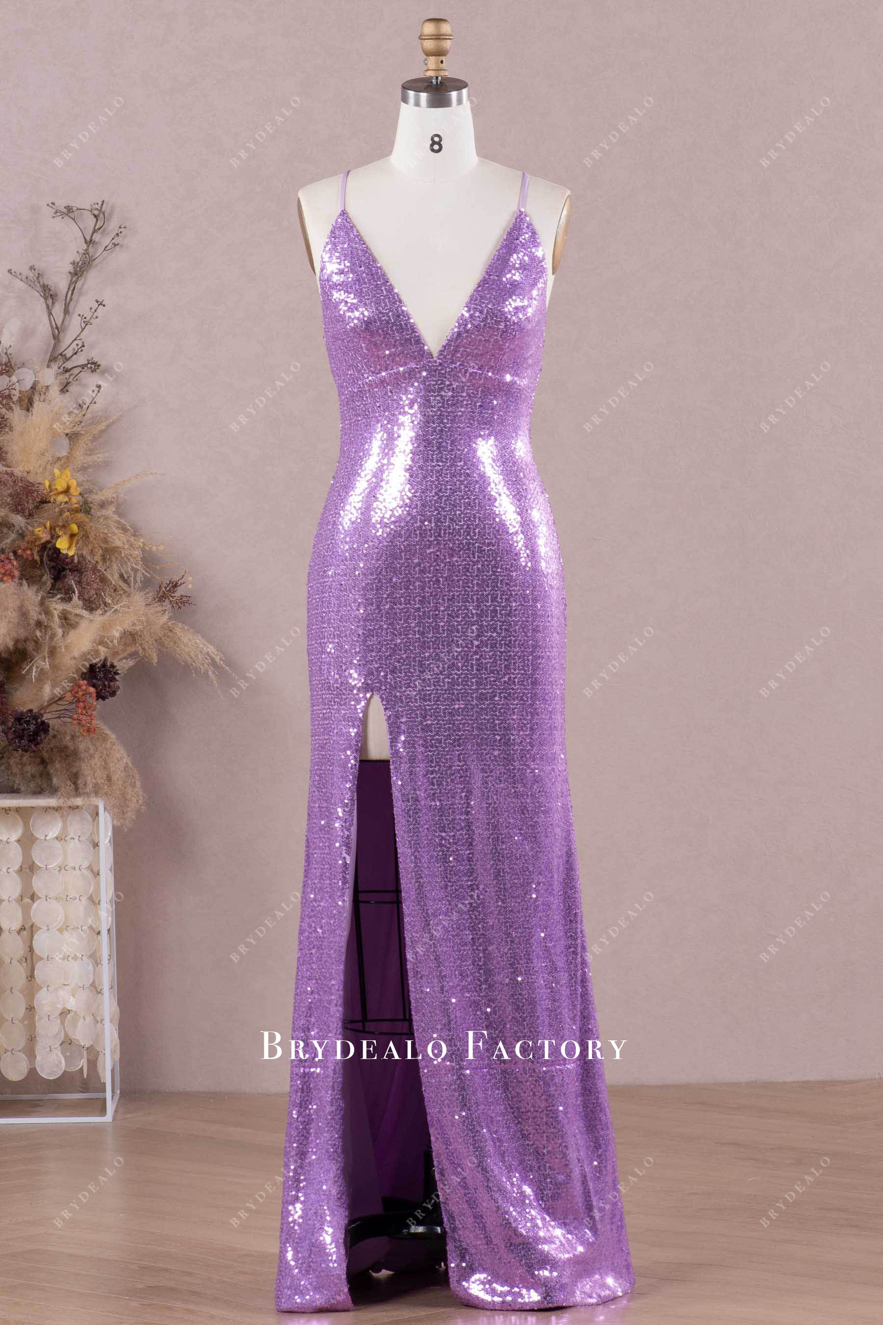 Lilac Criss-Cross Back Sequin High Slit Evening Dress Lilac Criss-Cross Back Sequin High Slit Evening Dress