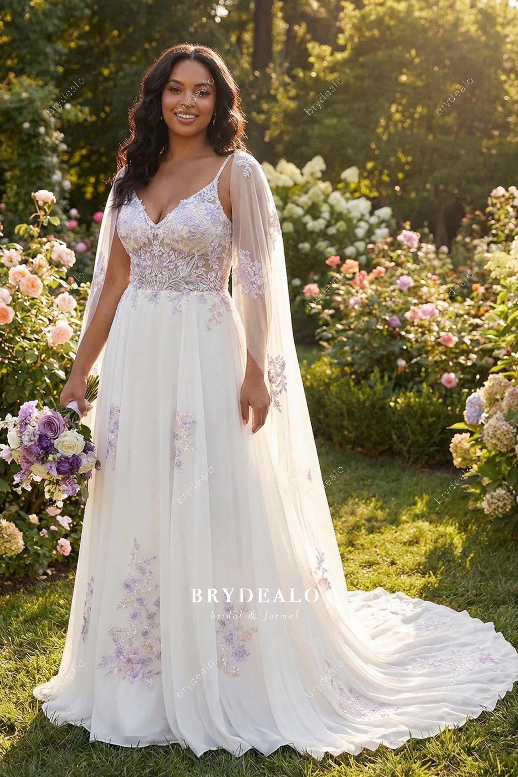 Lilac Lace Appliques V-Neck Illusion Cape A-Line Wedding Dress Lilac Lace Appliques V-Neck Illusion Cape A-Line Wedding Dress