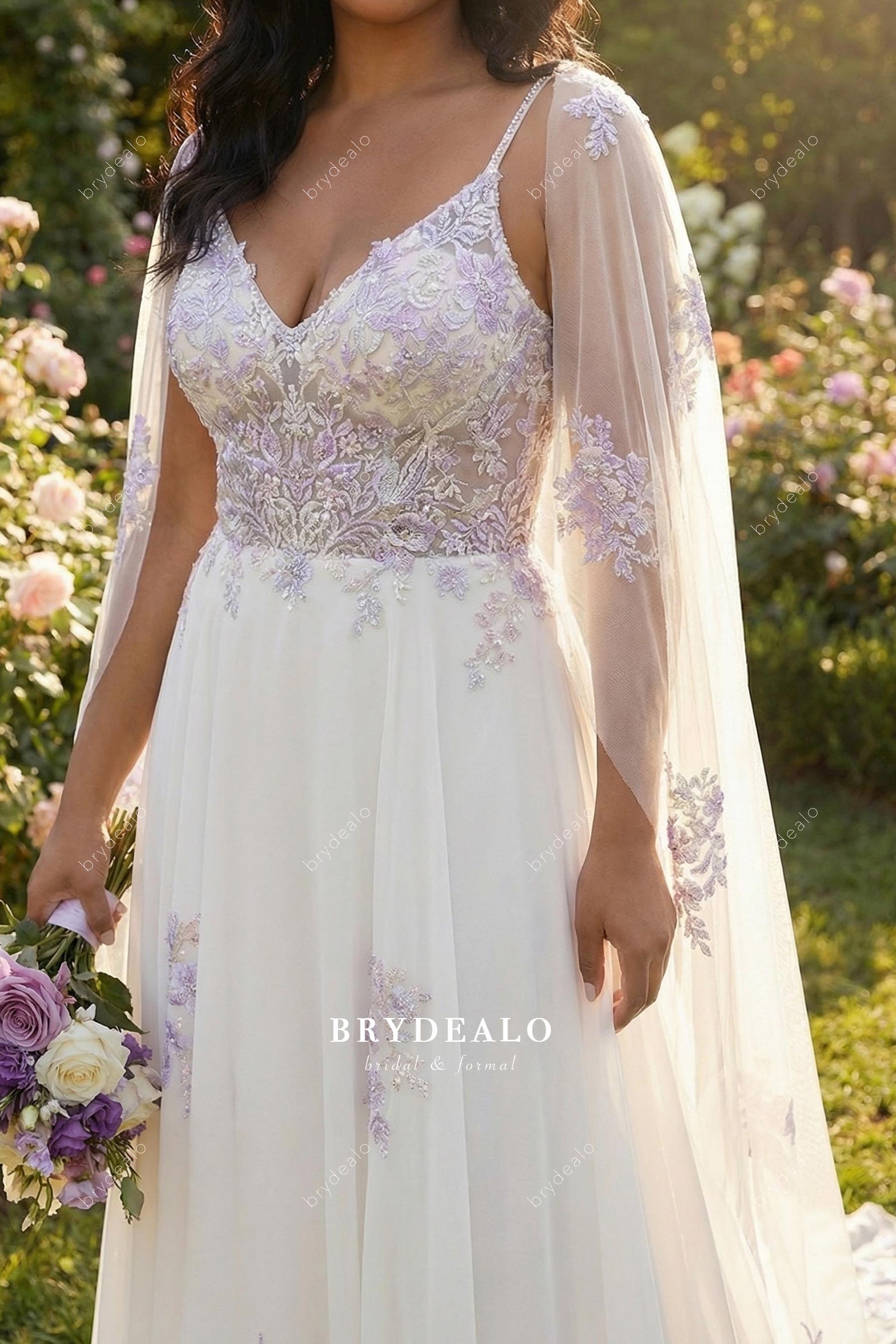 lilac lace v neck bridal dress