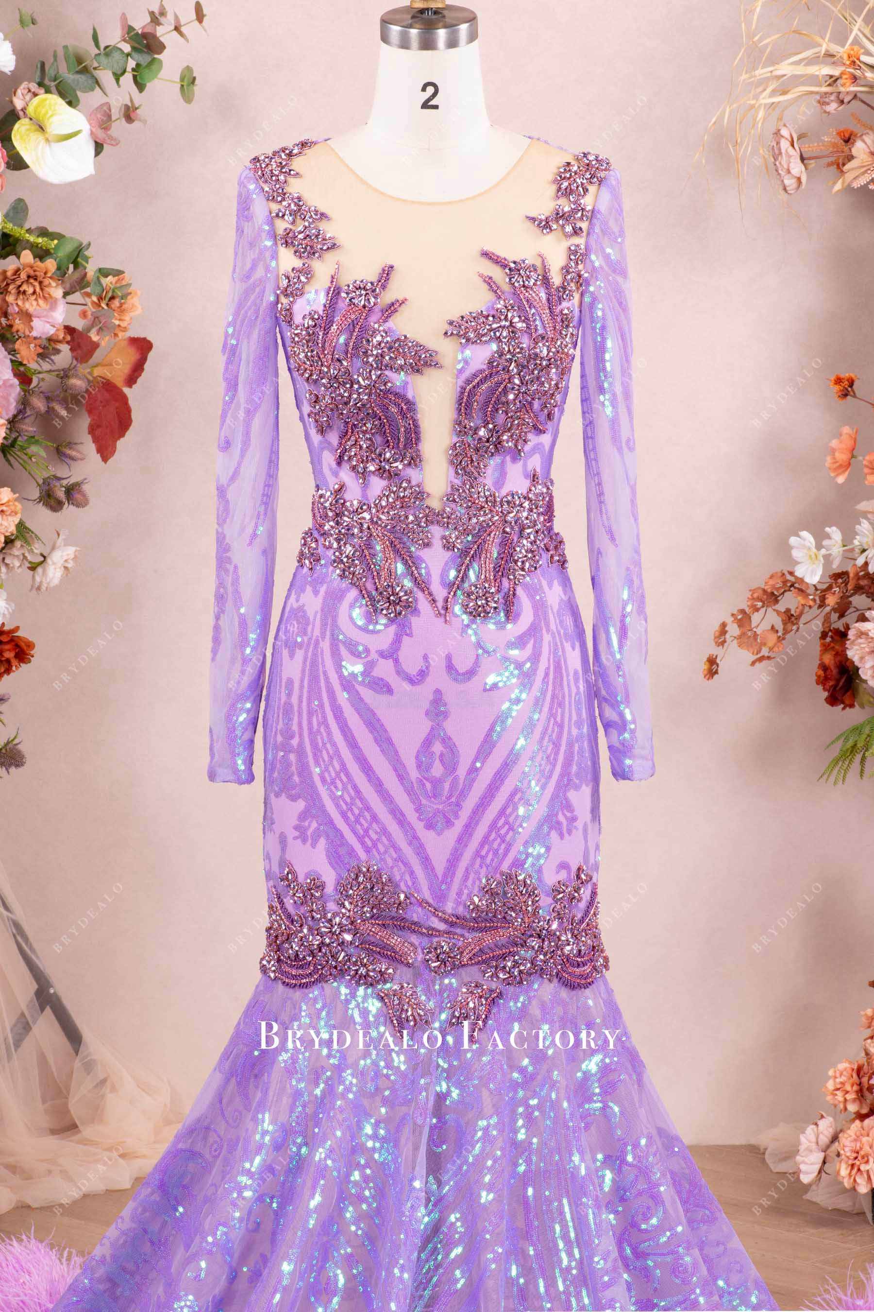 lilac rhinestone sleeve prom dress
