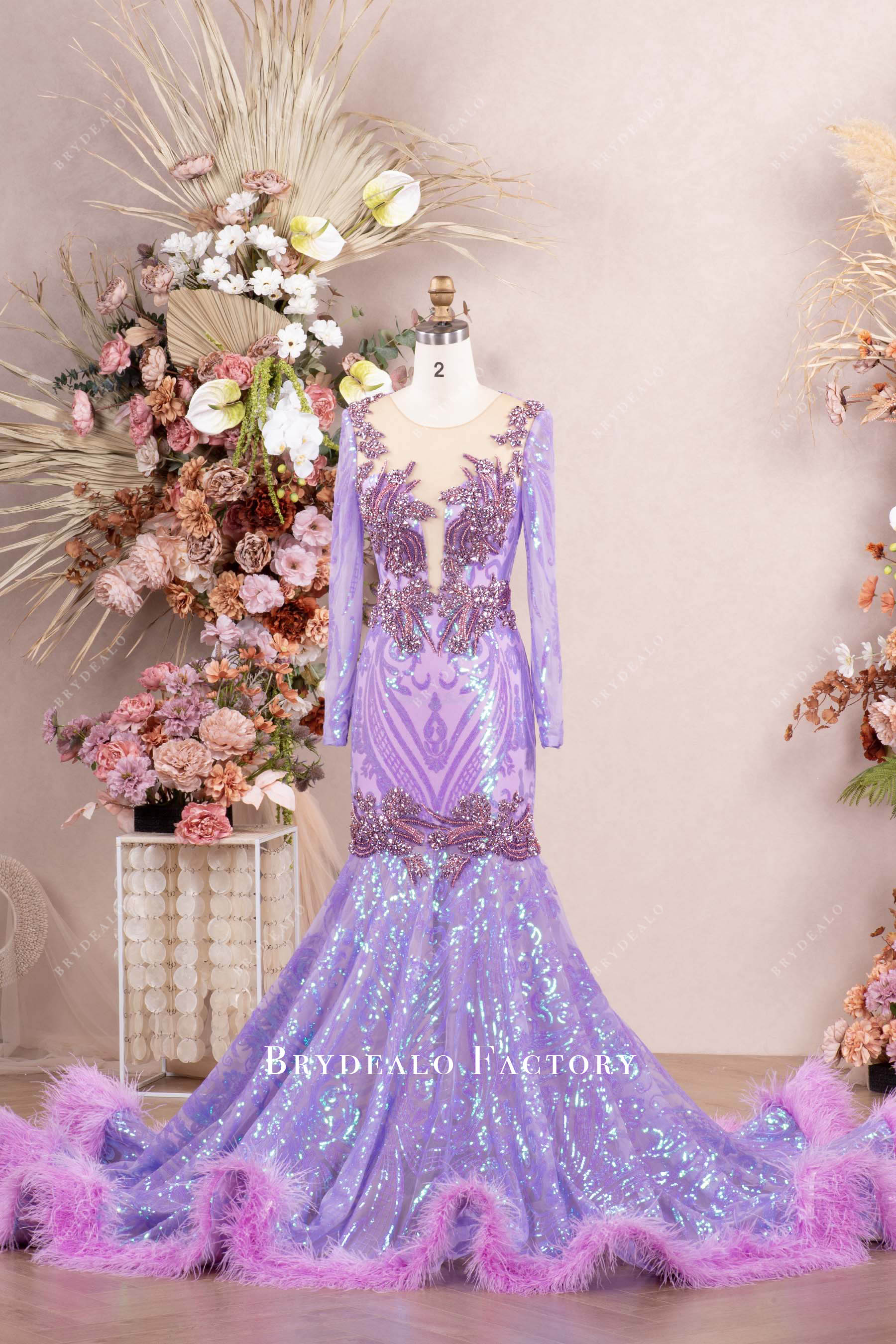 lilac sequin feather prom dress