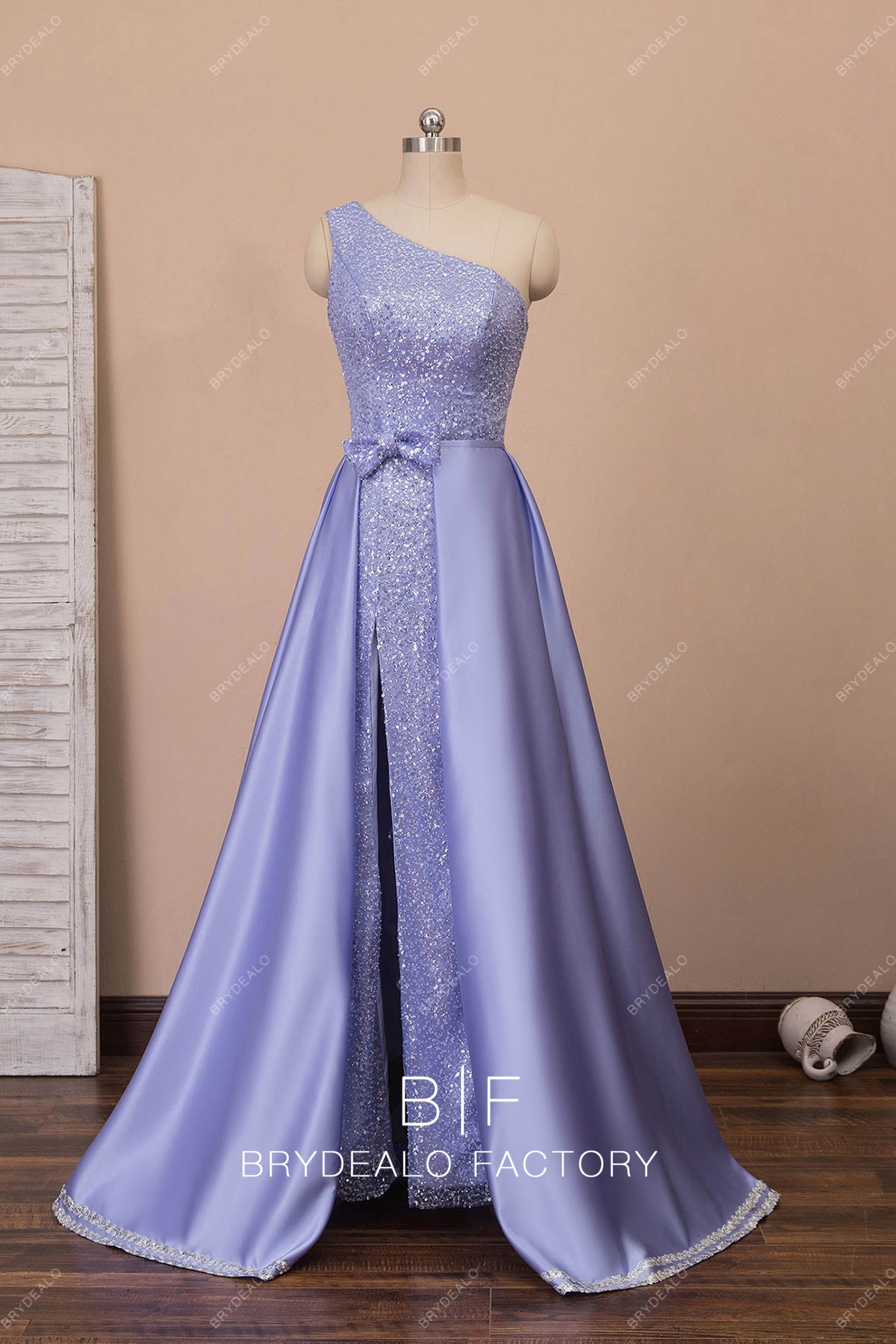 Lilac Sparkly Sheath Formal Dress with Detachable Satin Overskirt Lilac Sparkly Sheath Formal Dress with Detachable Satin Overskirt