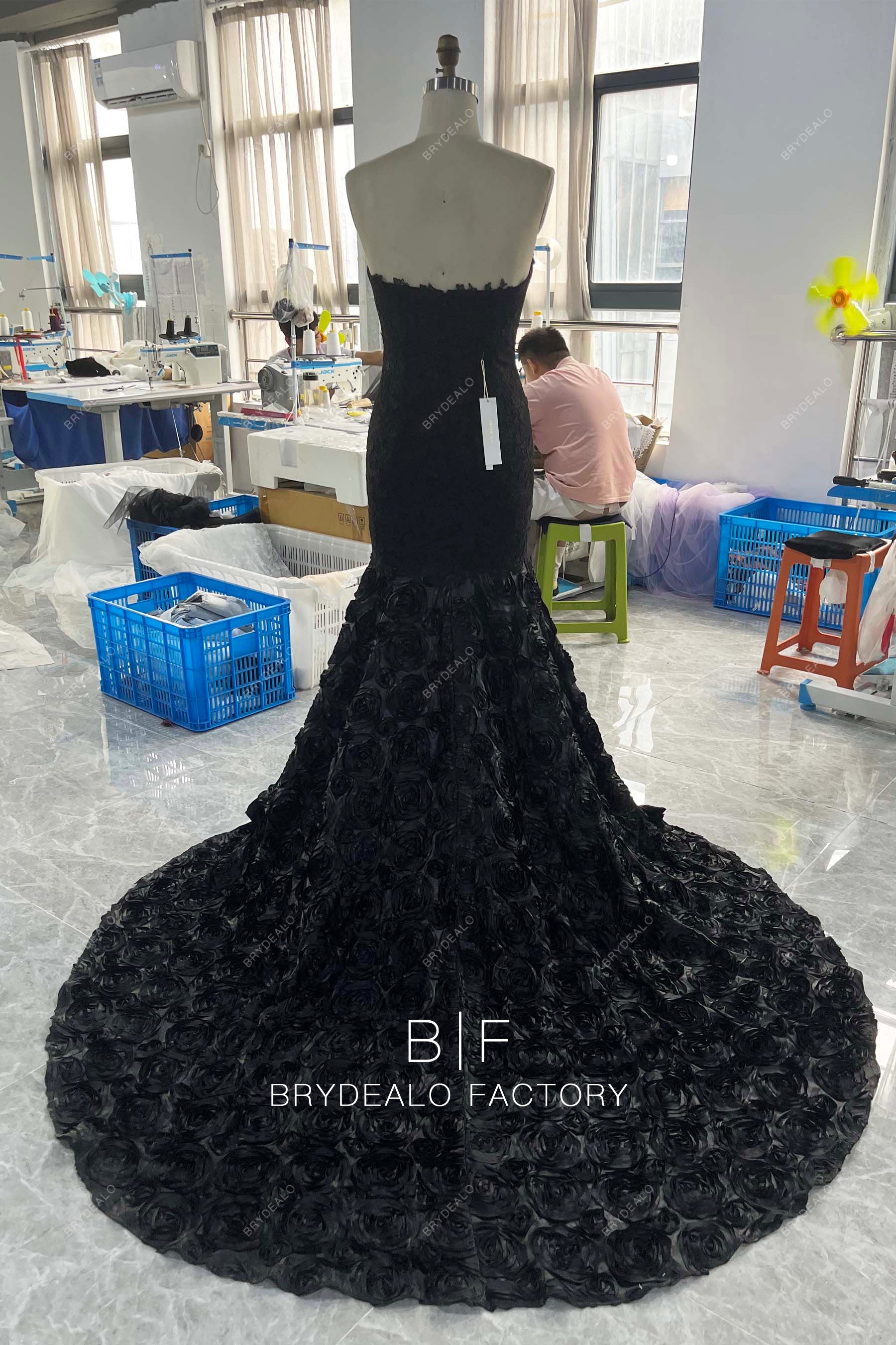 long 3D rose train prom gown