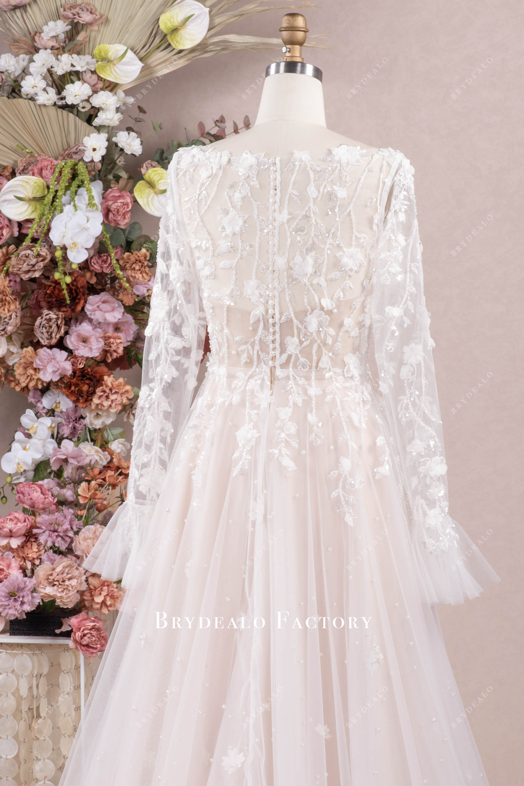 long bell sleeve sparkly lace wedding dress