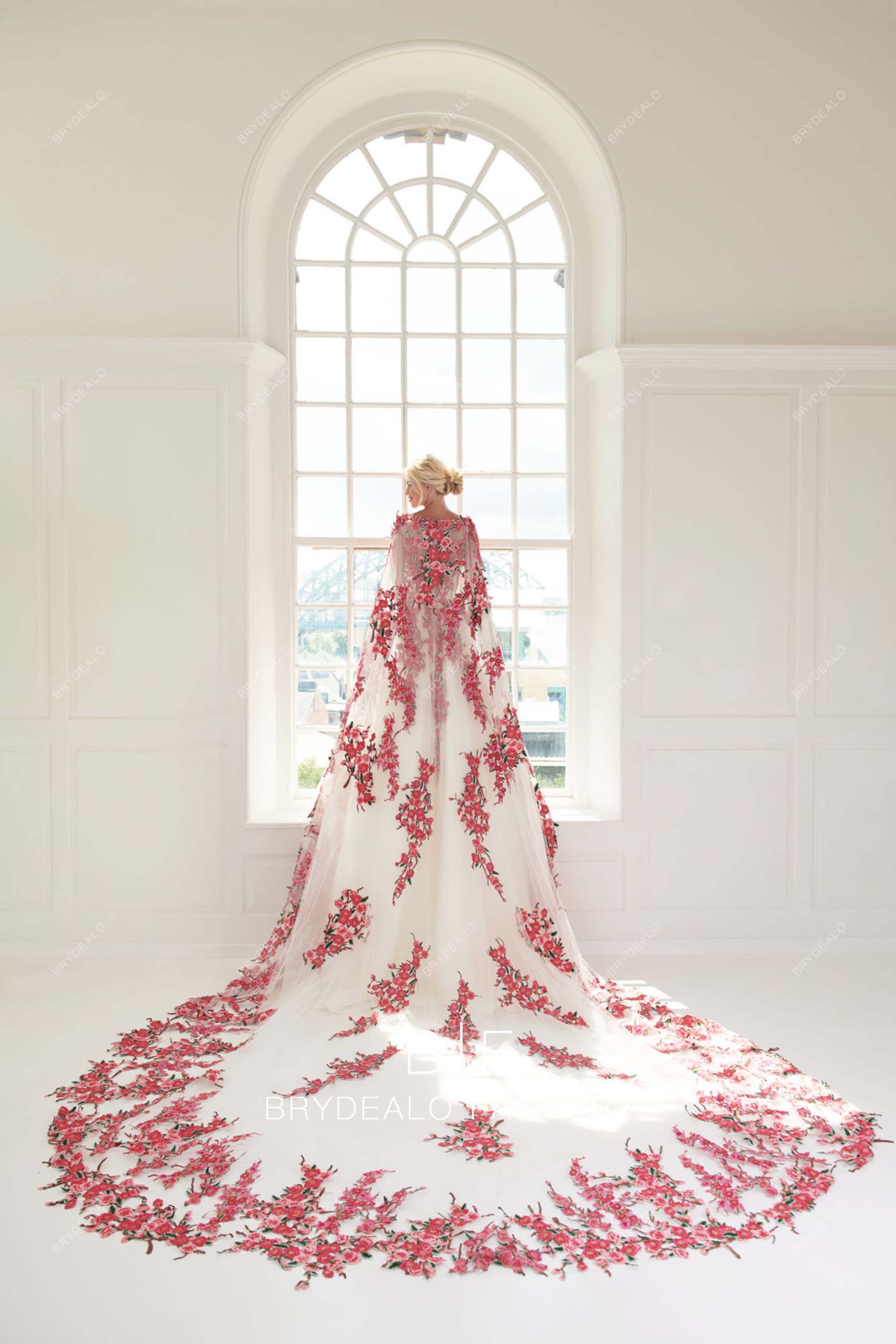romantic embroidery long garden bridal cape