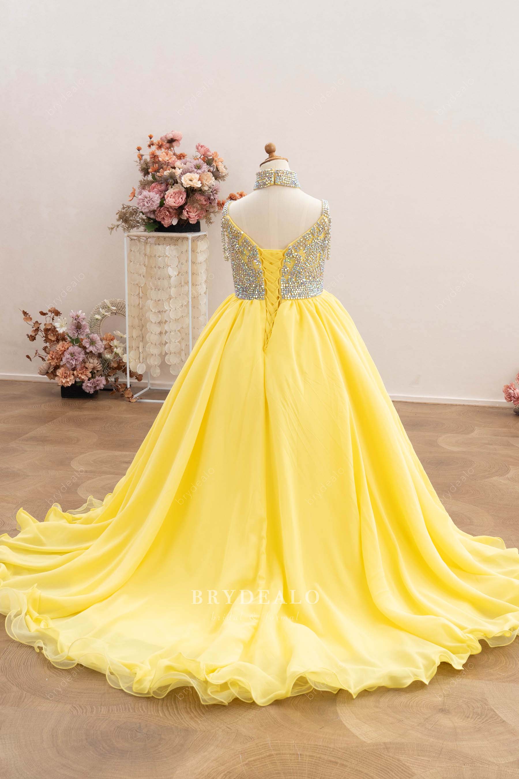 long chiffon ruffled hem kids pageant gown