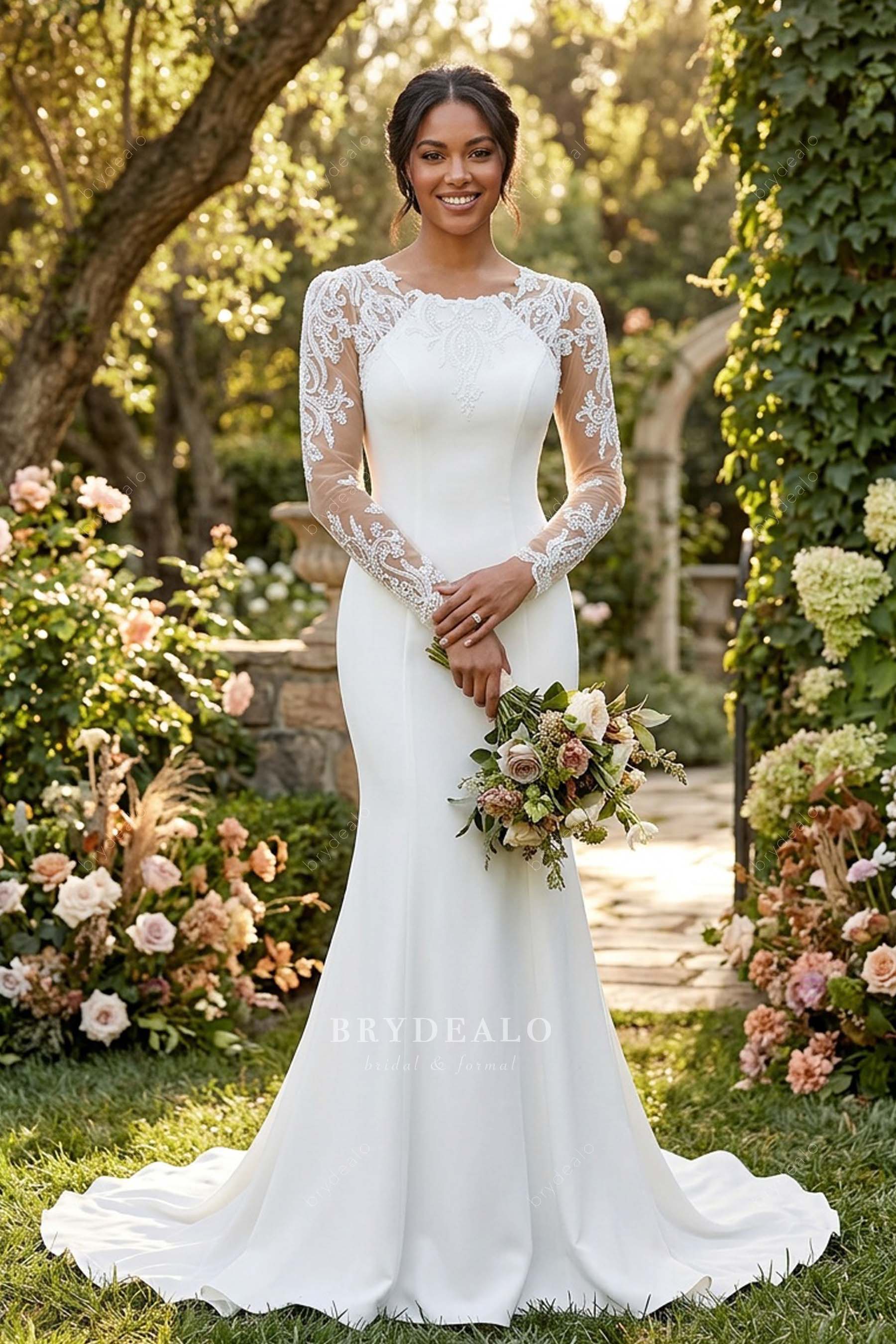 long crepe mermaid keyhole back bridal gown