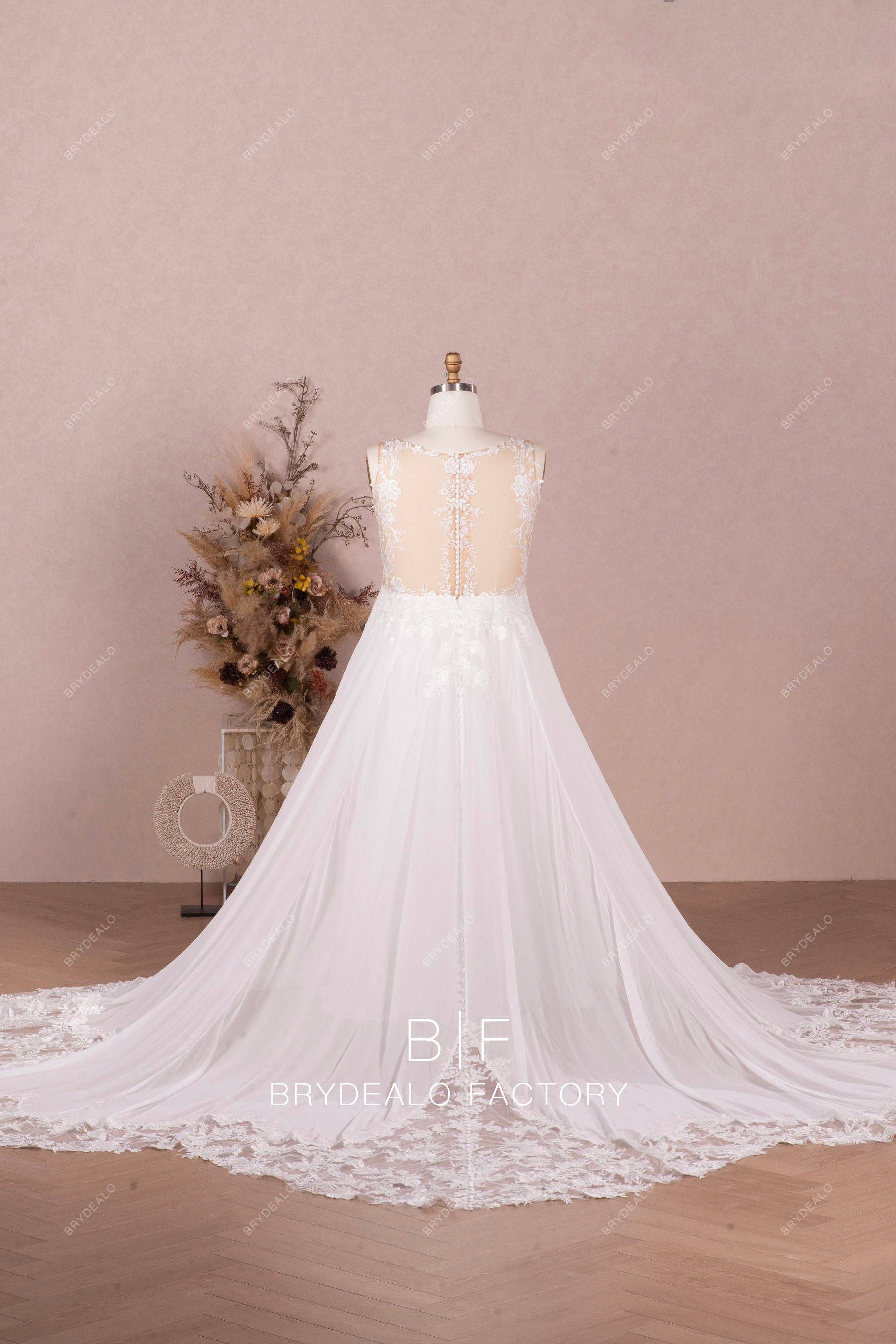 long cutout lace chiffon wedding dress