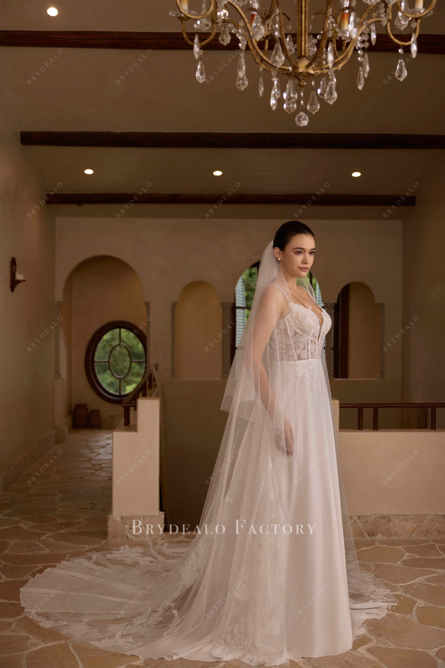 long dreamy chiffon lace wedding dress
