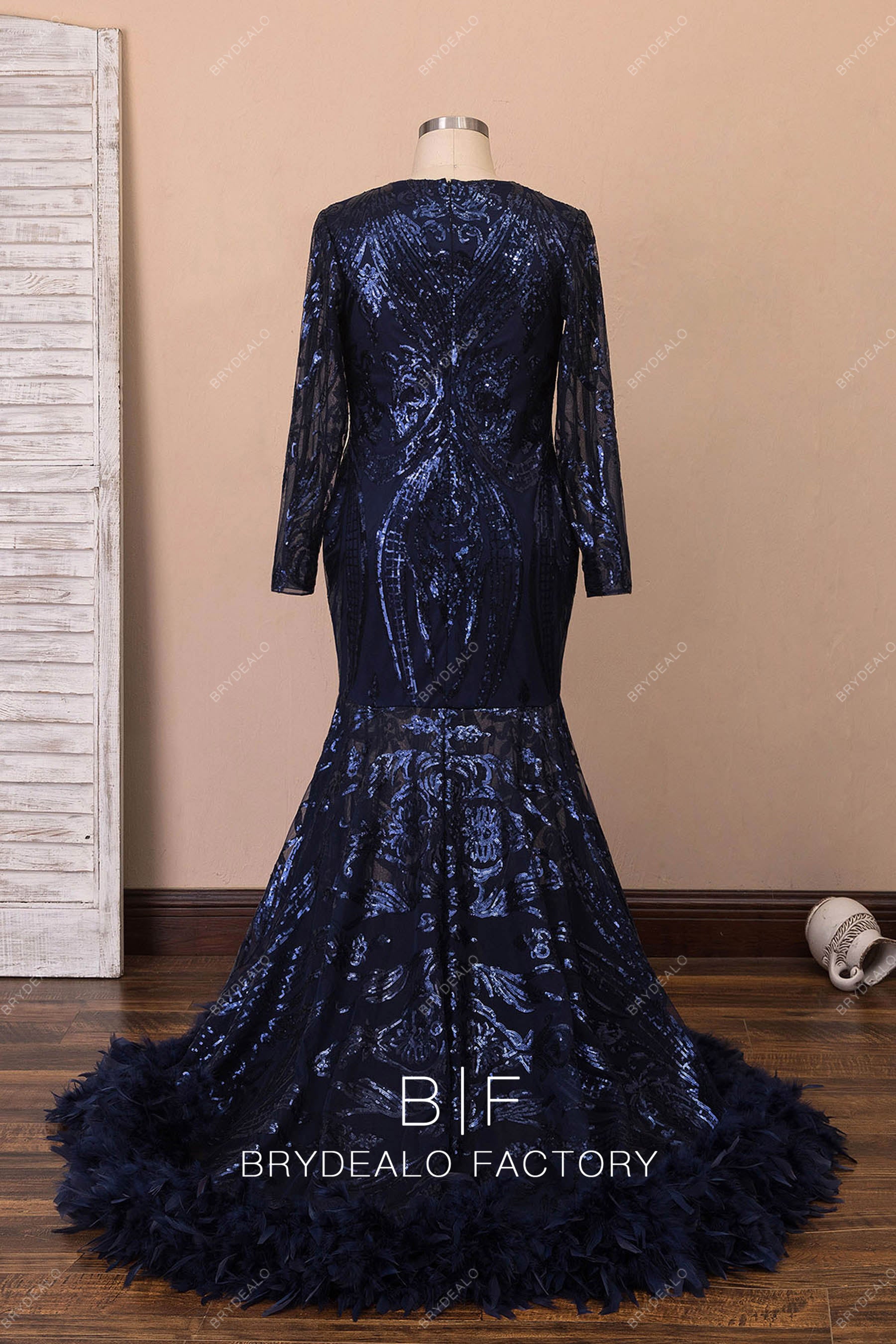 long feather sequin prom dress