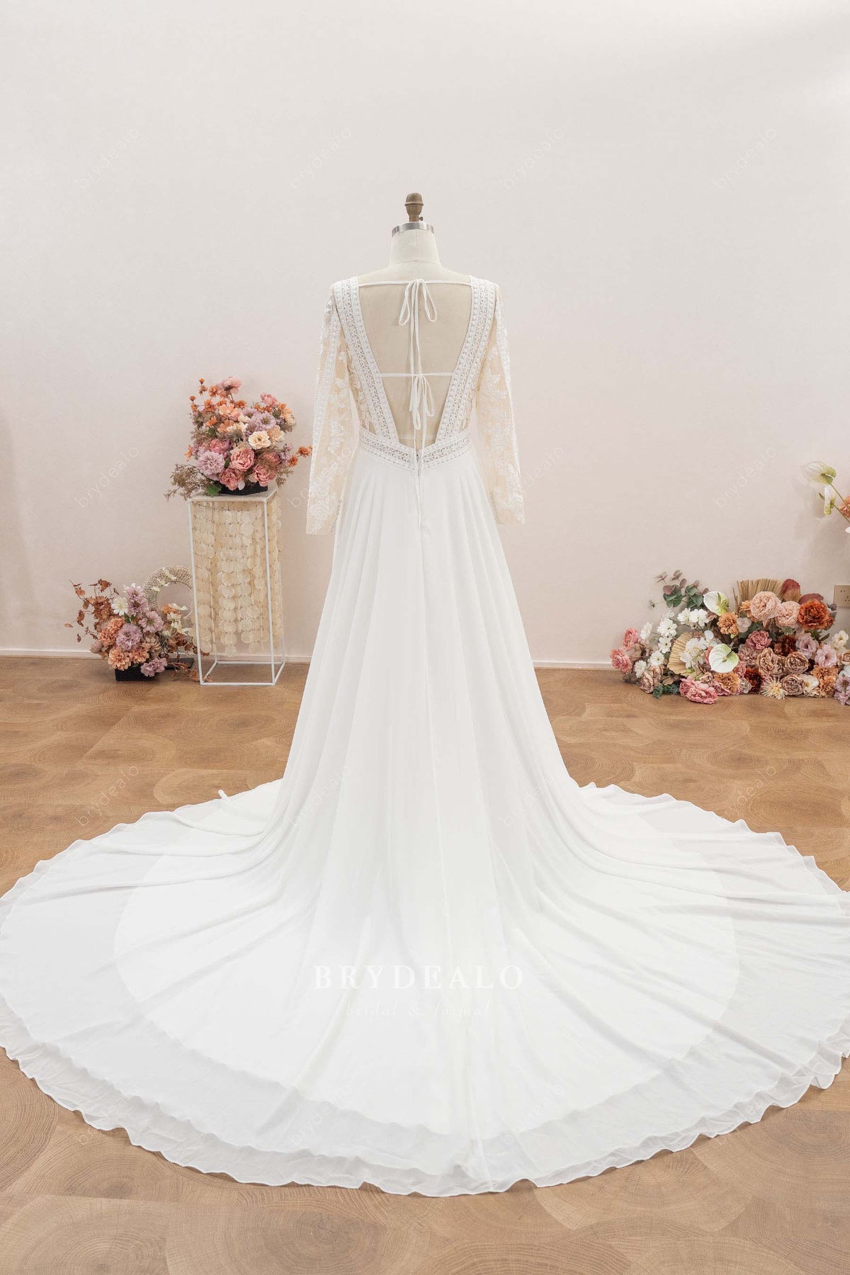 long flowing chiffon Aline wedding dress