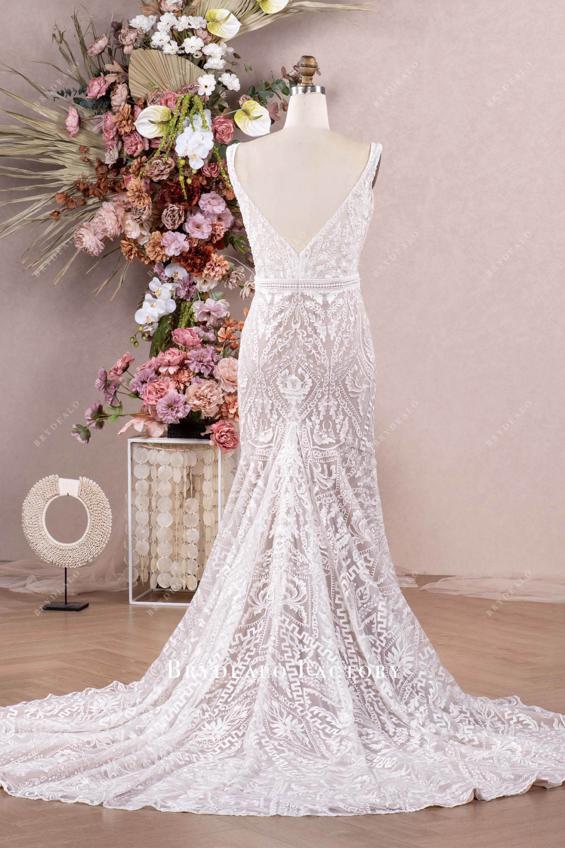 long godet train lace bridal gown