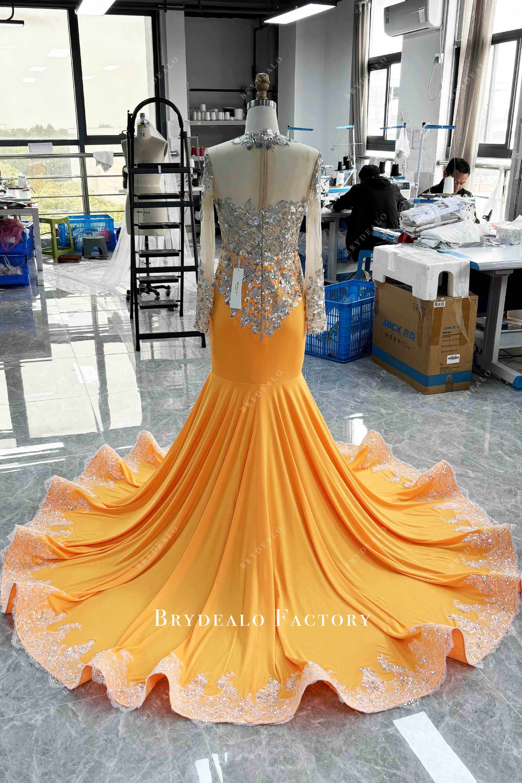 long jersey ruffled prom dress