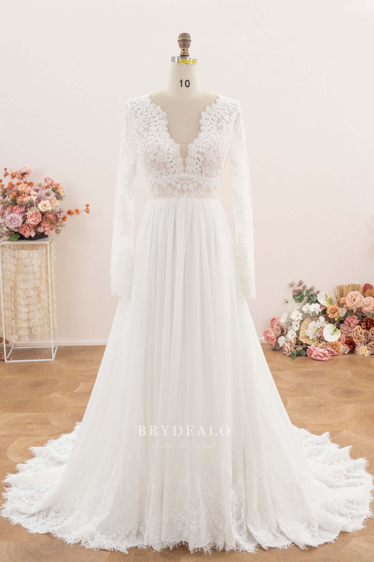 long lace sleeve flowing chiffon wedding dress