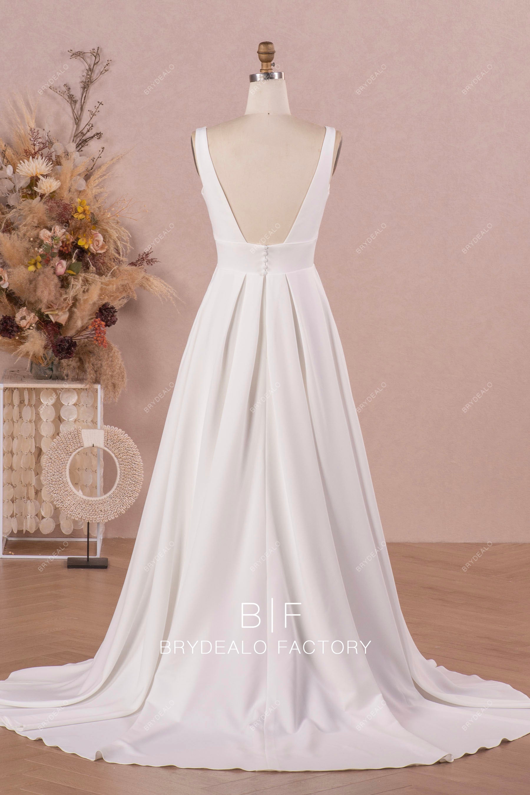 long open back crepe wedding dress